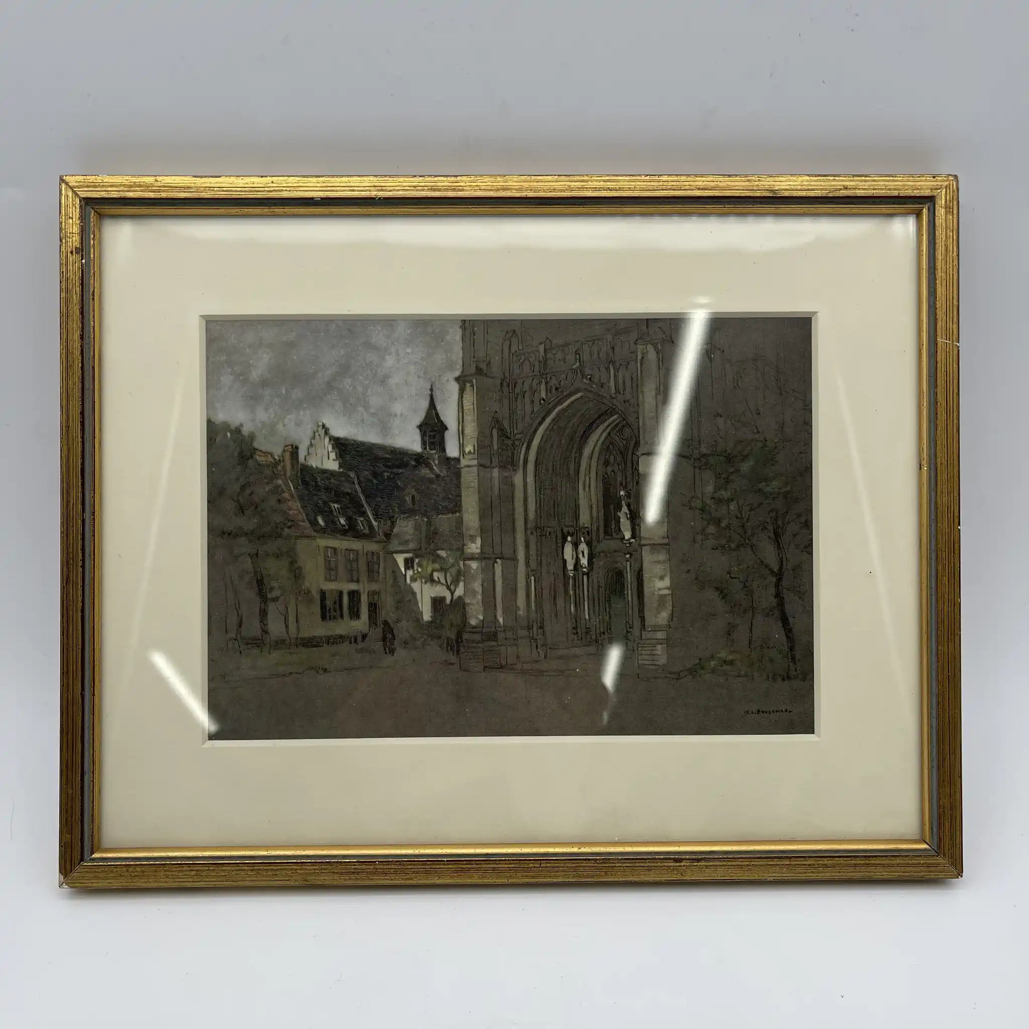 【复古】复制/ w.l. BRUCKMAN /“Ypres/ The Cathedral”/估计20c初/纸/英国/胶印，爱德华框架