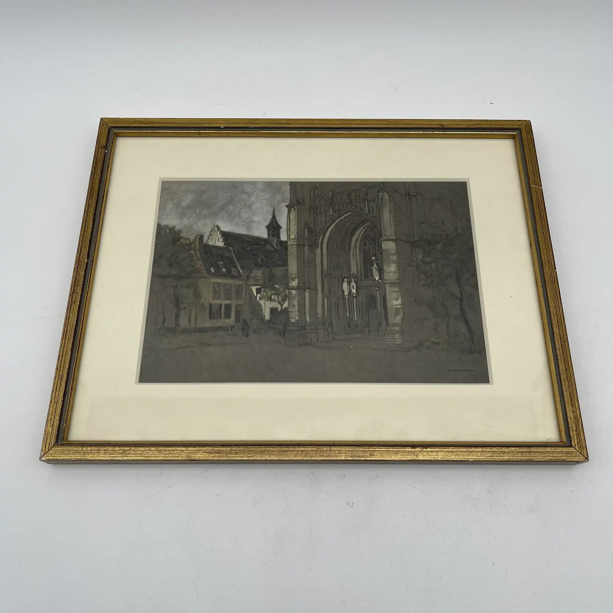 【复古】复制/ w.l. BRUCKMAN /“Ypres/ The Cathedral”/估计20c初/纸/英国/胶印，爱德华框架