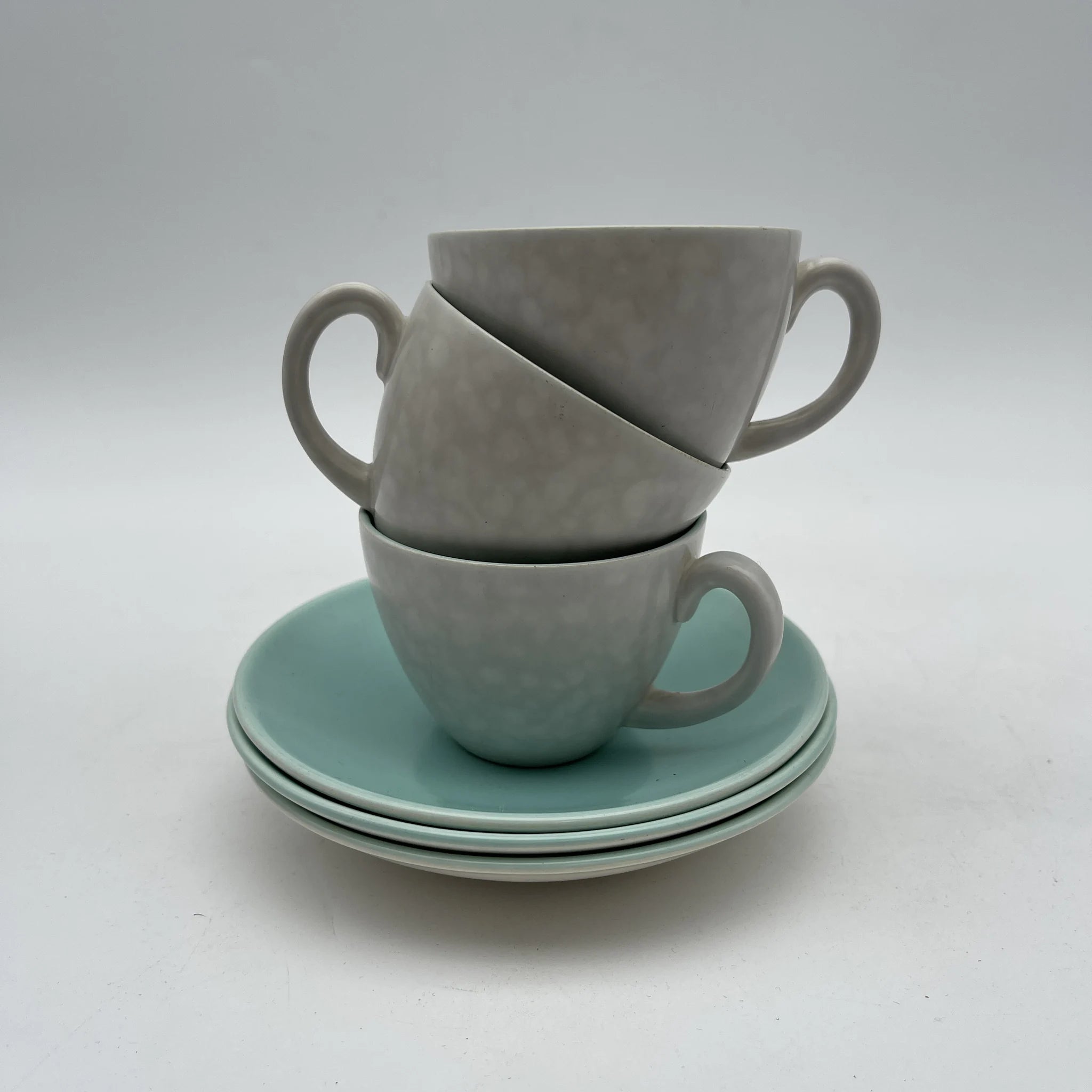【葡萄酒】茶壶+杯子&碟子3p套装/ Poole Pottery（泳池壶）/ Twintone / Ice Green & Seagull / 1950-1960年代（估计）/陶器/英国/双色，斑点图案，海鸥蛋