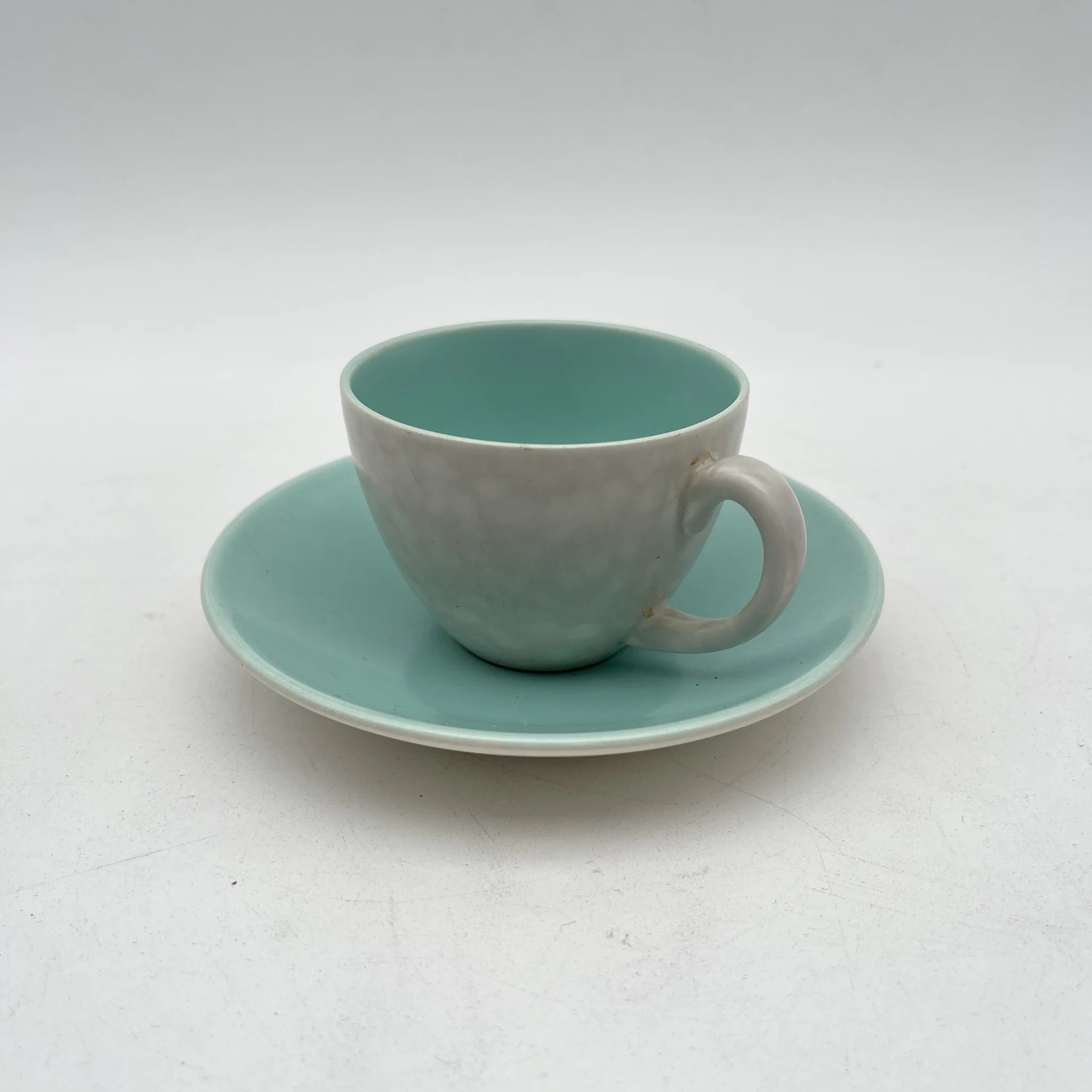 【葡萄酒】茶壶+杯子&碟子3p套装/ Poole Pottery（泳池壶）/ Twintone / Ice Green & Seagull / 1950-1960年代（估计）/陶器/英国/双色，斑点图案，海鸥蛋