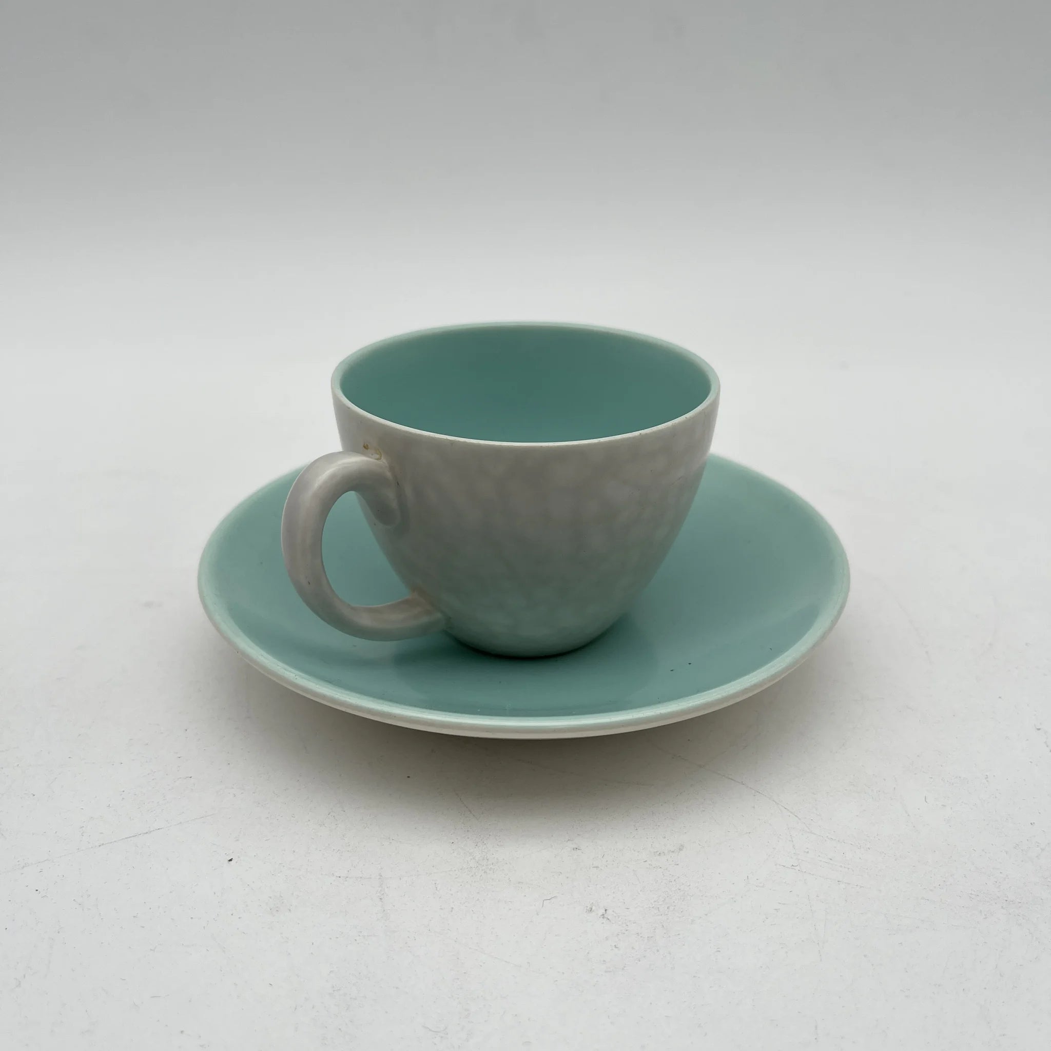 【葡萄酒】茶壶+杯子&碟子3p套装/ Poole Pottery（泳池壶）/ Twintone / Ice Green & Seagull / 1950-1960年代（估计）/陶器/英国/双色，斑点图案，海鸥蛋