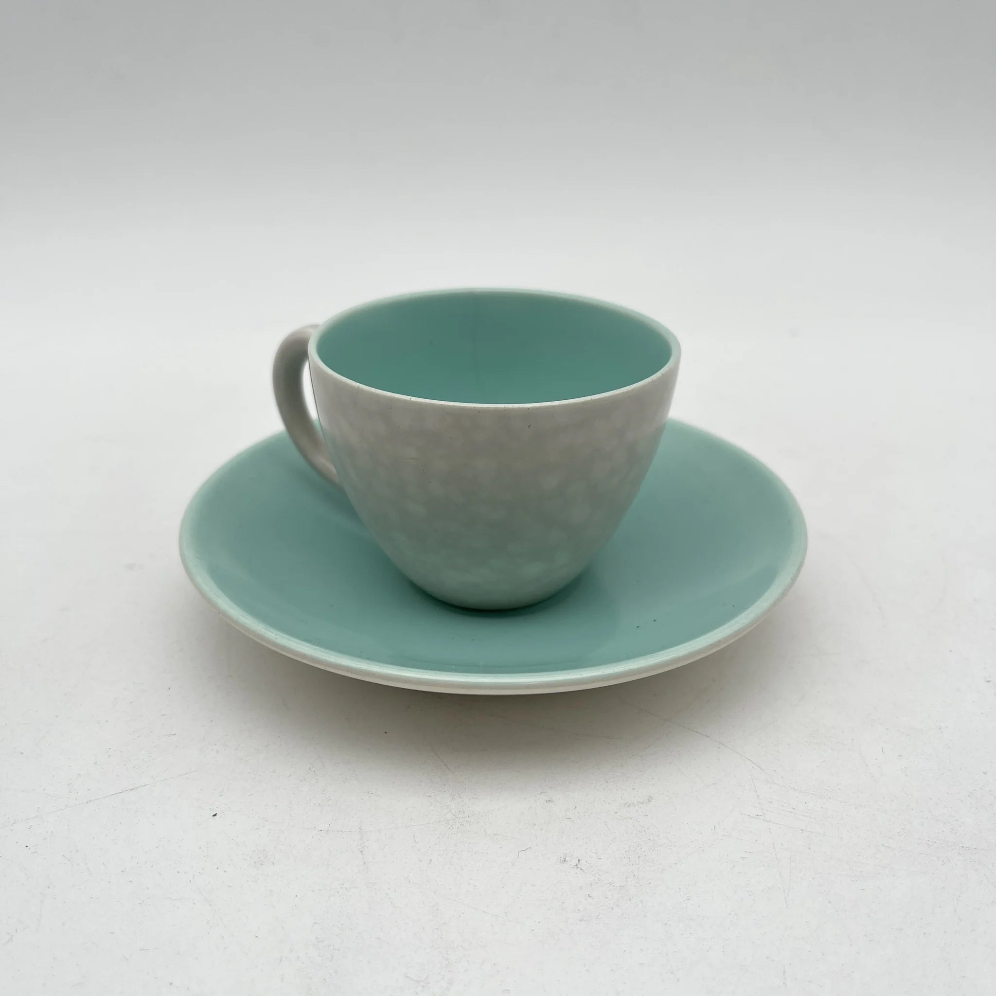 【葡萄酒】茶壶+杯子&碟子3p套装/ Poole Pottery（泳池壶）/ Twintone / Ice Green & Seagull / 1950-1960年代（估计）/陶器/英国/双色，斑点图案，海鸥蛋