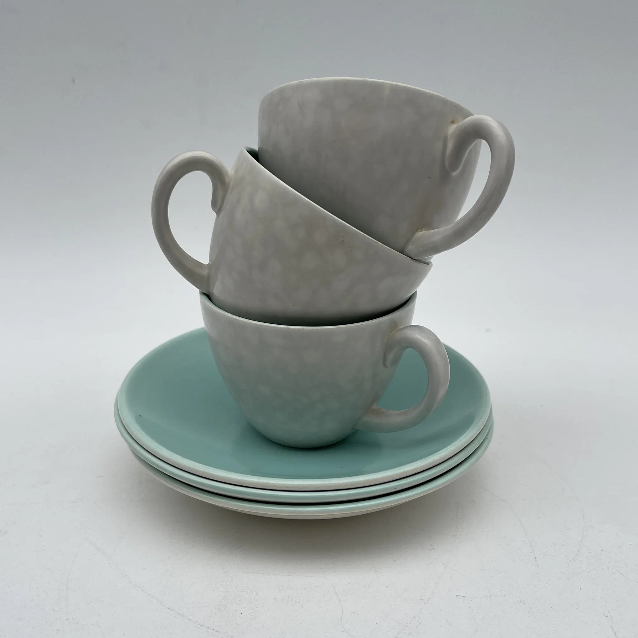 【葡萄酒】茶壶+杯子&碟子3p套装/ Poole Pottery（泳池壶）/ Twintone / Ice Green & Seagull / 1950-1960年代（估计）/陶器/英国/双色，斑点图案，海鸥蛋