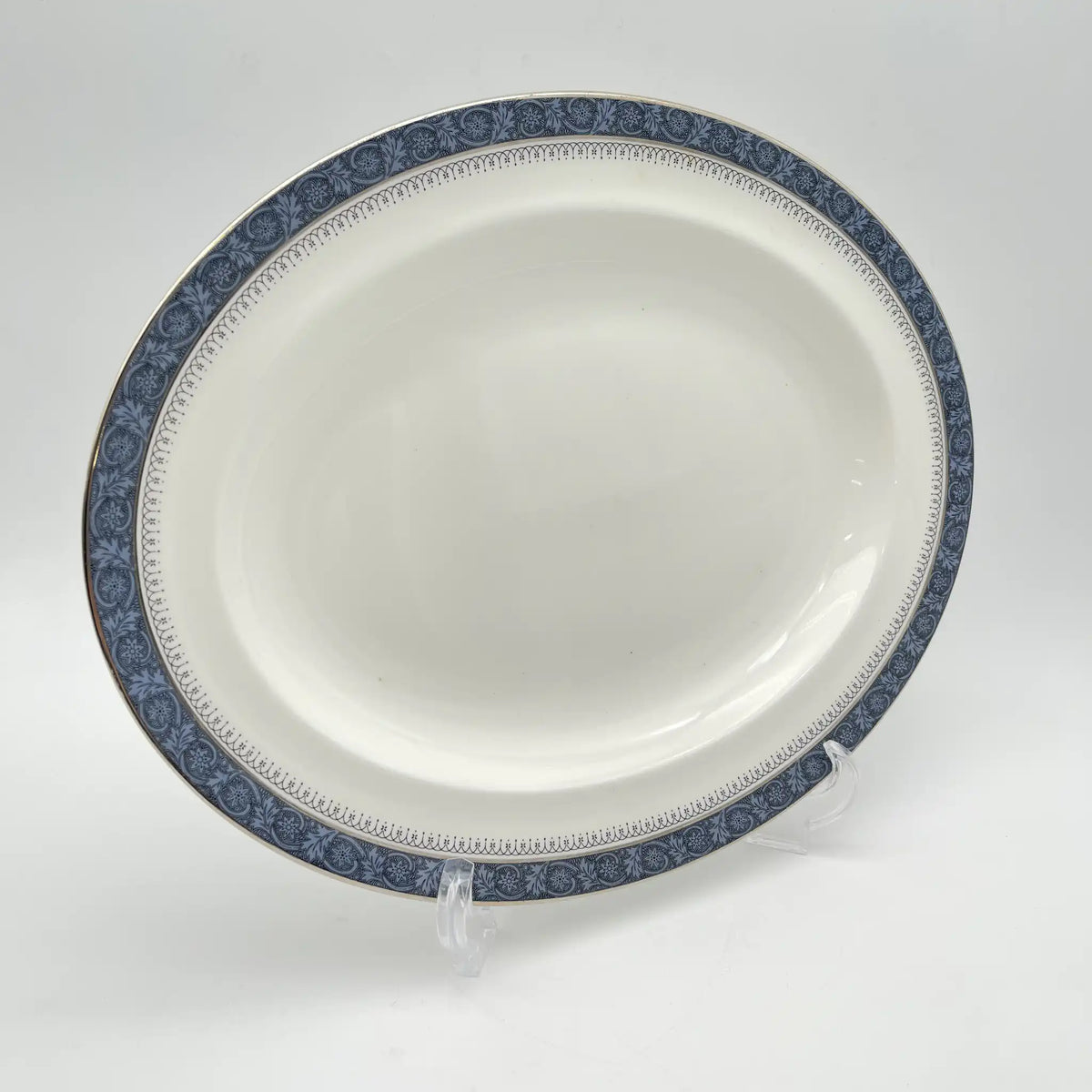 Royal Doulton / Oval serving plate (large plate) / Sherbrooke / 1970-1990s / Fine Bone China / England / Silver, acanthus, blue, Western tableware, dessert plate / [Vintage]