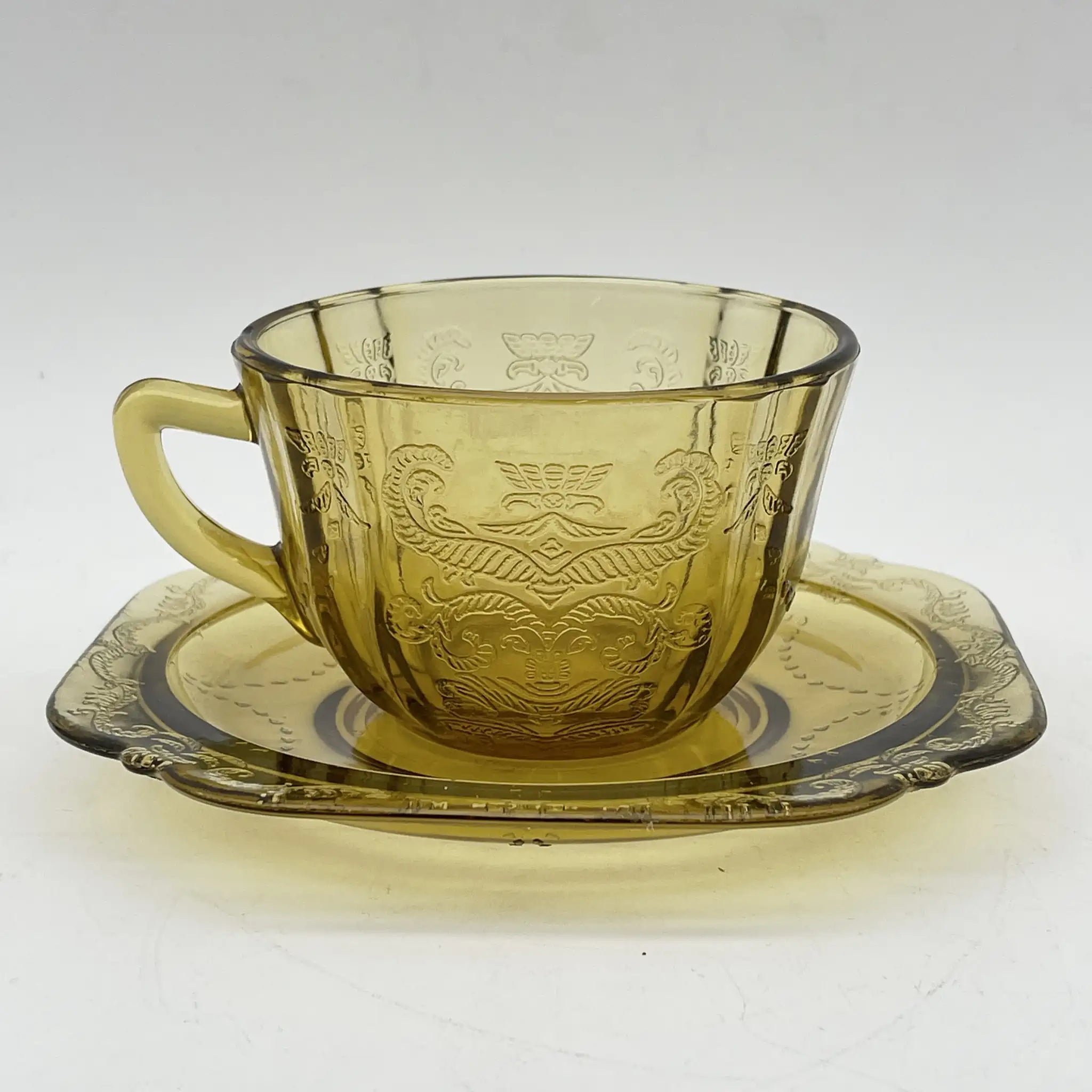[Vintage] Cup & Saucer / Federal Glass / Madrid / Recollection / 1976 / Glass / America / Depression glass, embossed molding, amber