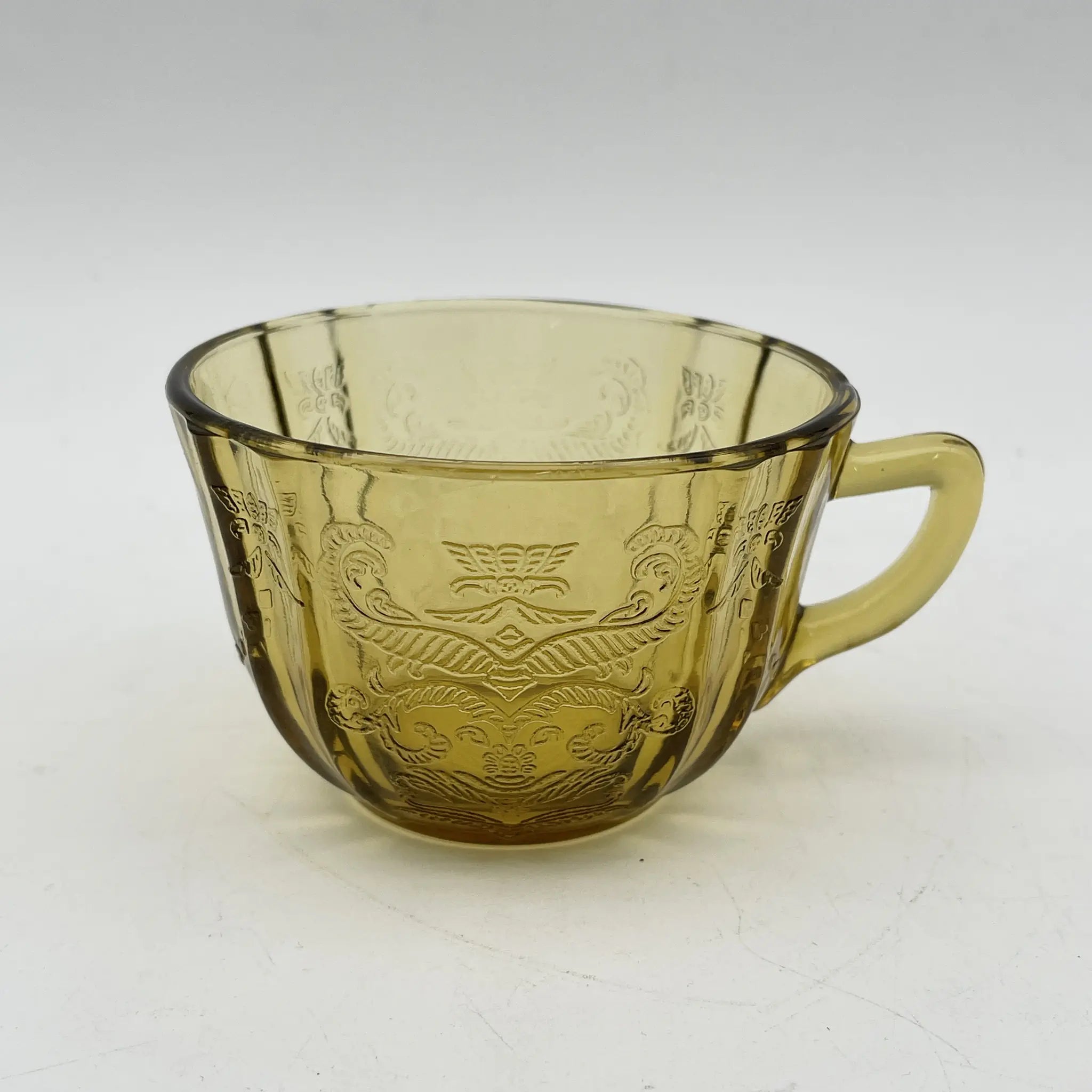 [Vintage] Cup & Saucer / Federal Glass / Madrid / Recollection / 1976 / Glass / America / Depression glass, embossed molding, amber