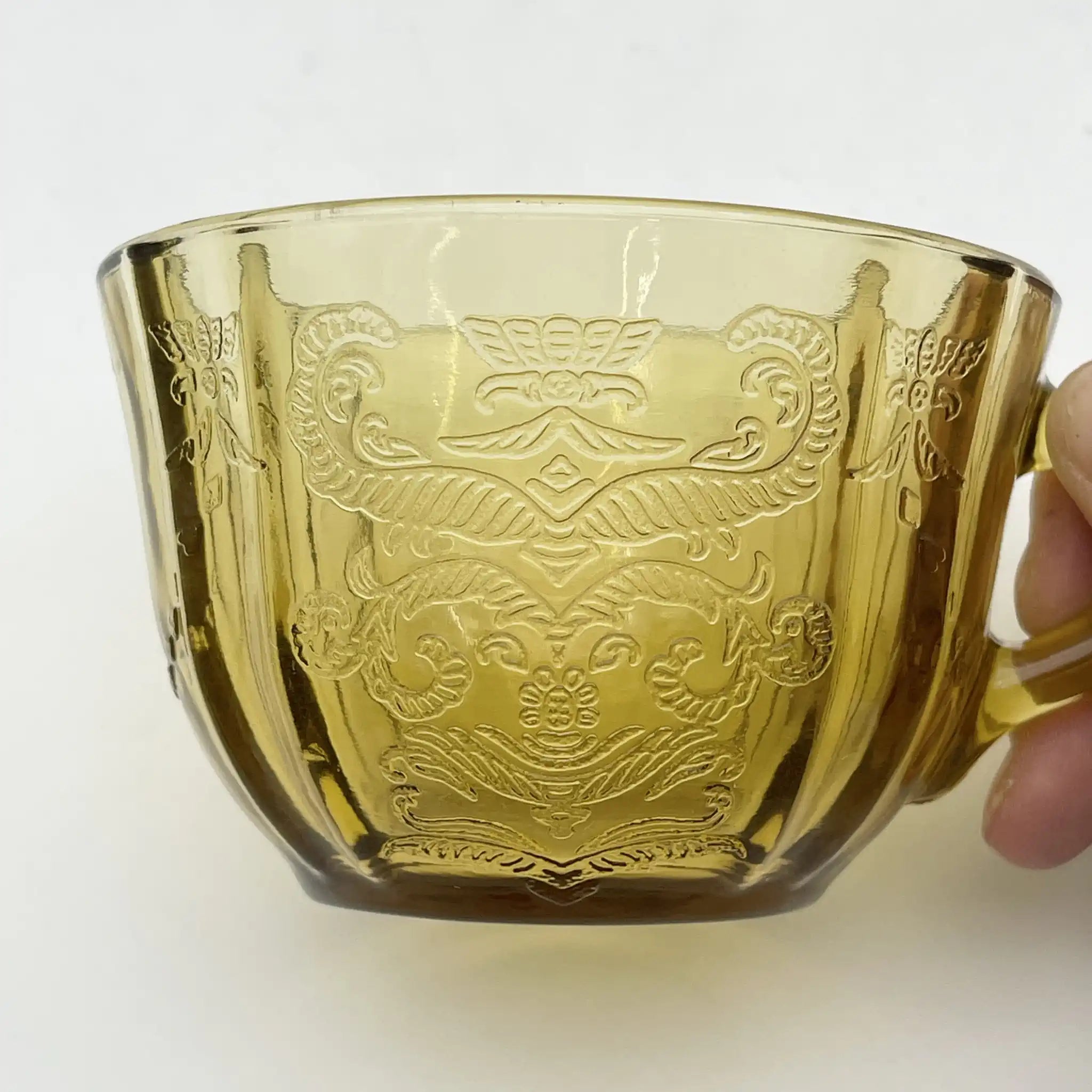 [Vintage] Cup & saucer 2P / Federal Glass / Madrid / Recollection / 1976 / Glass / America / Depression glass, embossed molding, amber