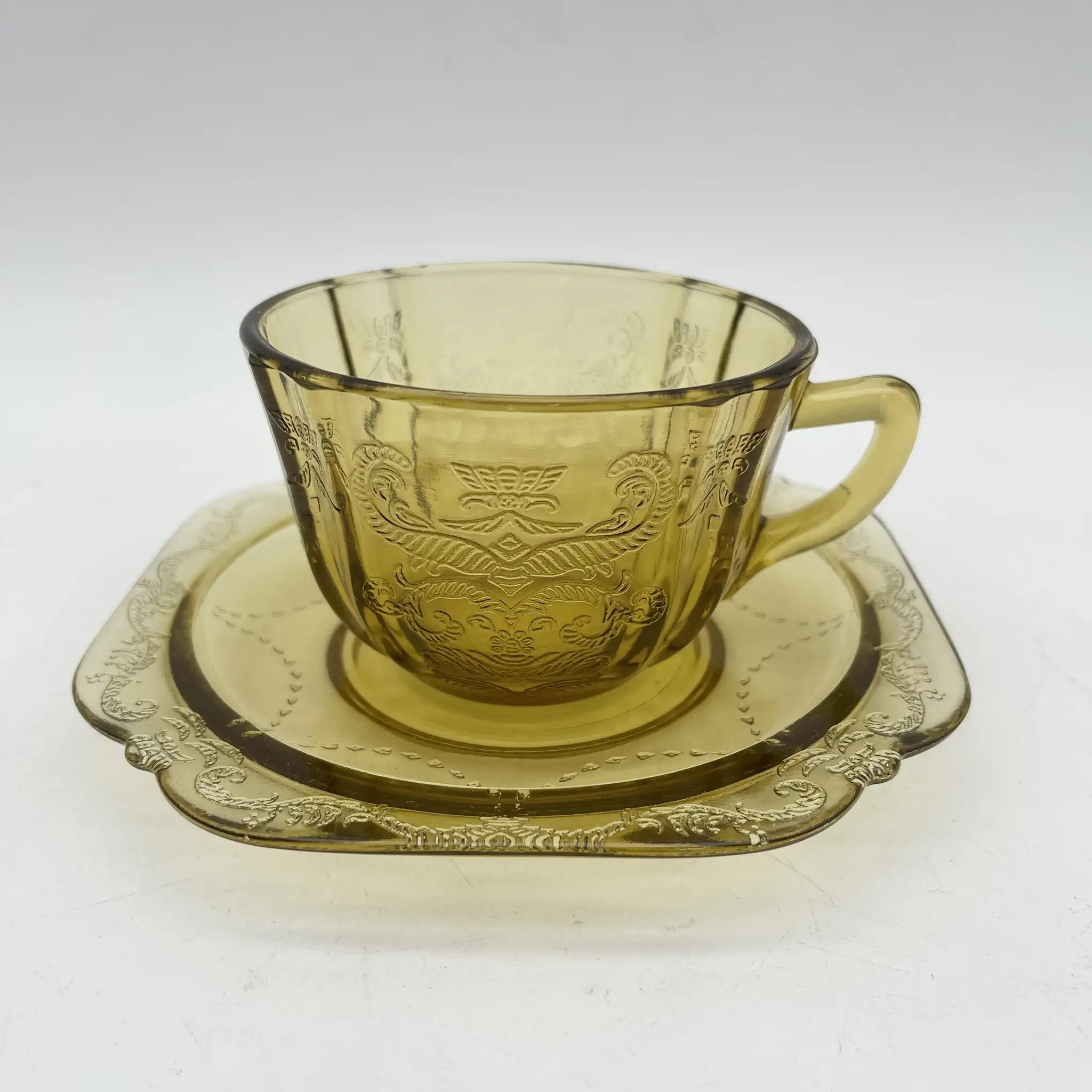 【ビンテージ】 カップ＆ソーサー2P / Federal Glass (フェデラル・グラス) / Madrid / Recollection / 1976 / ガラス / アメリカ / デプレッショングラス, 型押し成型, アンバー