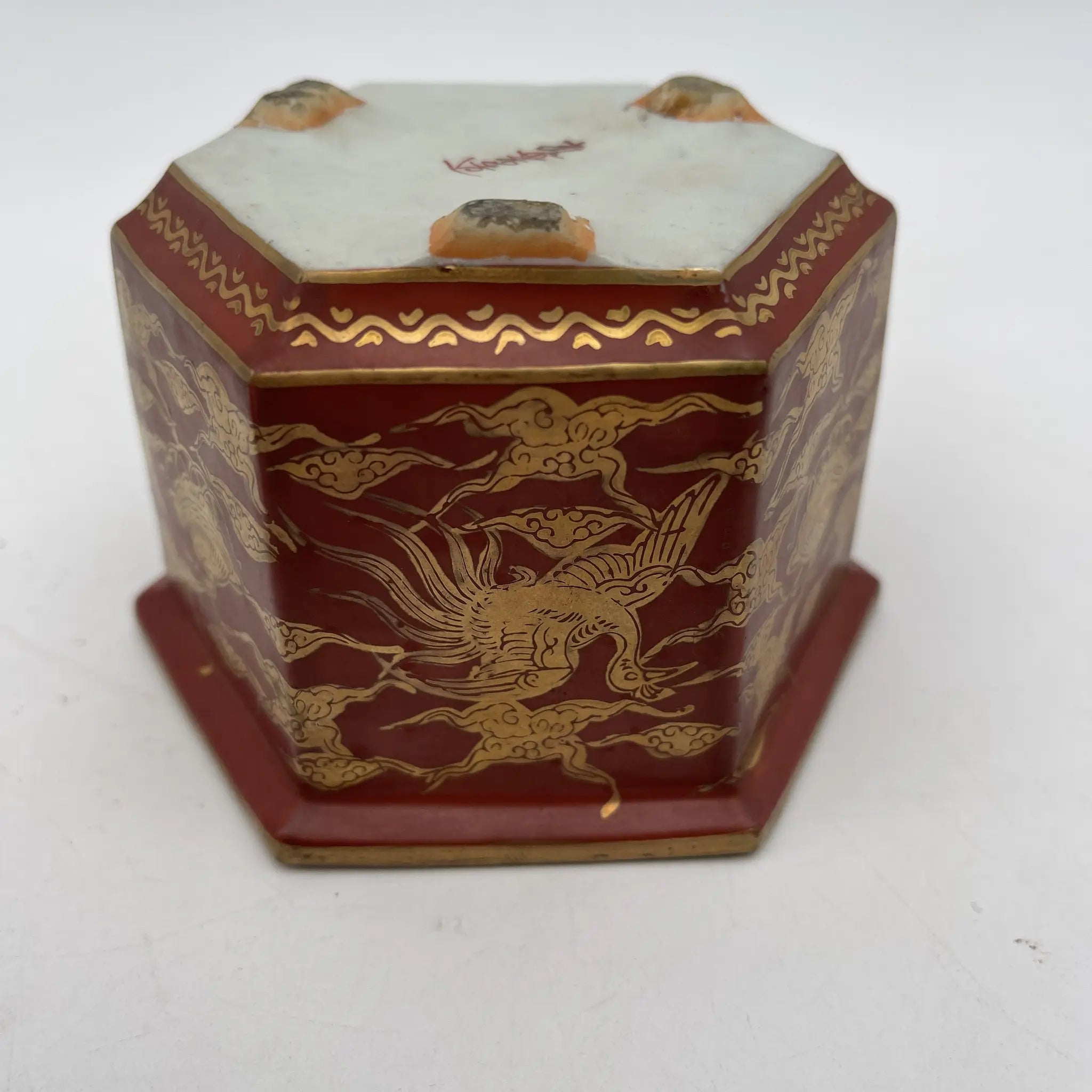 骨董品】 香炉 / 明治末-大正 / 陶器 / 日本 / 六角形, 獅子, 鳳凰, 雷