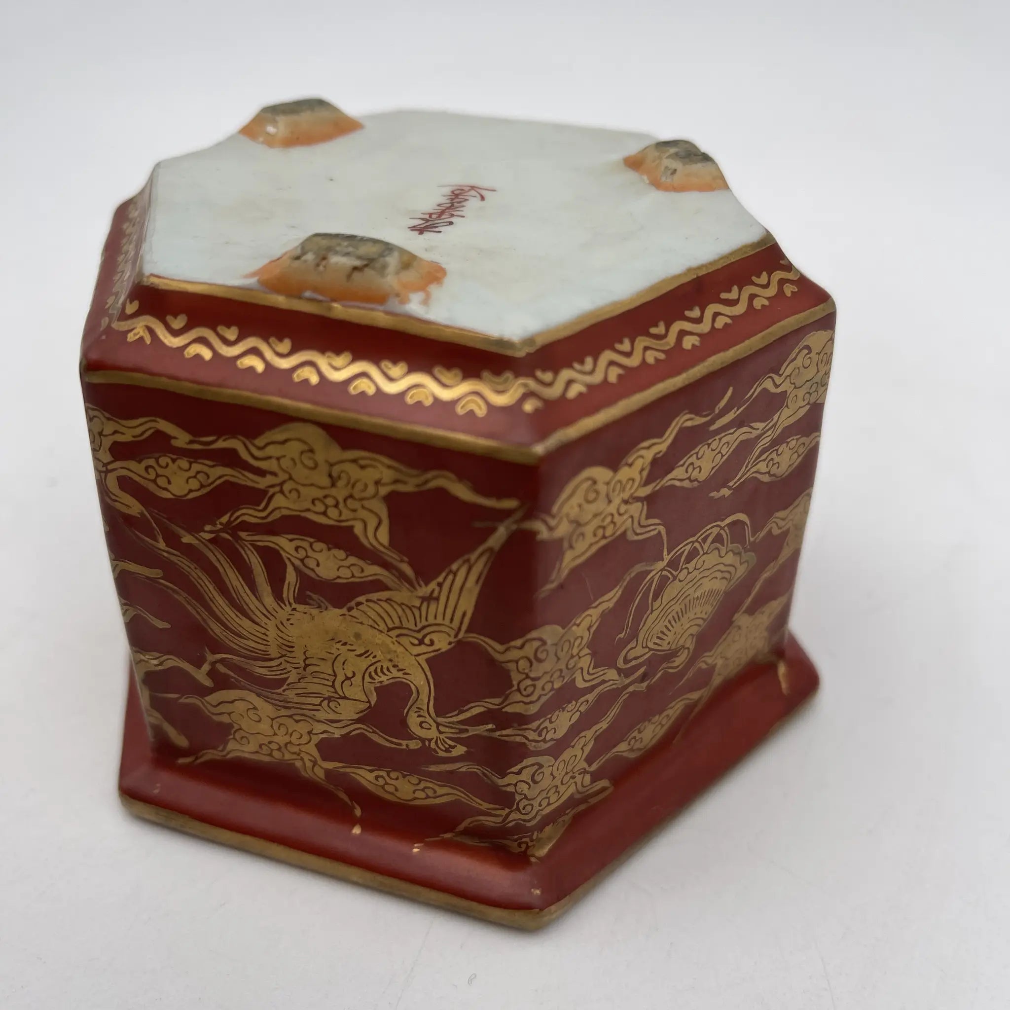 骨董品】 香炉 / 明治末-大正 / 陶器 / 日本 / 六角形, 獅子, 鳳凰, 雷