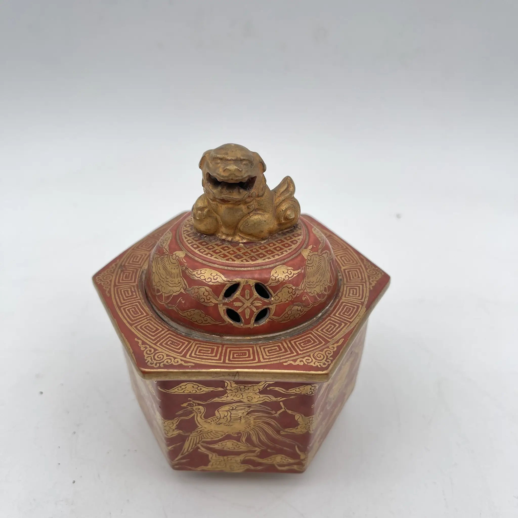 ♦香炉 骨董 ヴィンテージ 骨董品】 香炉 / 明治末-大正 / 陶器 / 日本 / 六角形, 獅子, 鳳凰, 雷