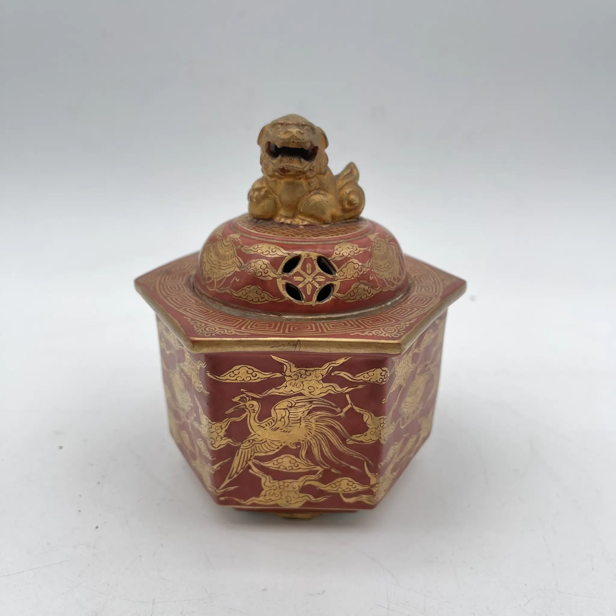 骨董品】 香炉 / 明治末-大正 / 陶器 / 日本 / 六角形, 獅子, 鳳凰, 雷