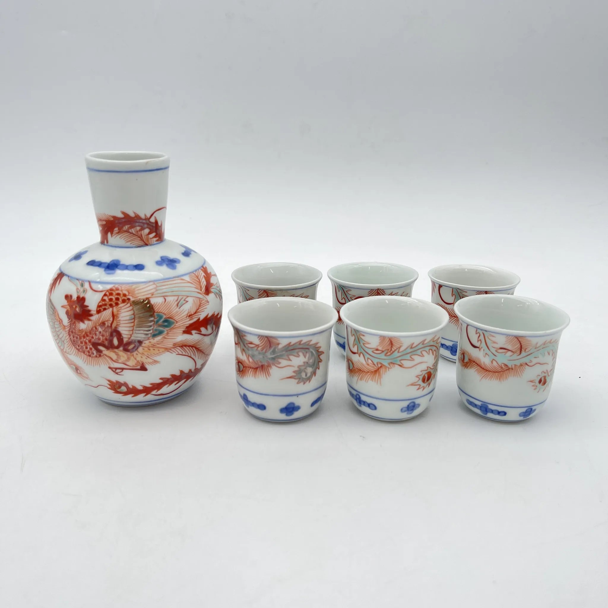 [Vintage] Sake bottle & choko 6P / Estimated late 20C / Porcelain / Japan / Phoenix