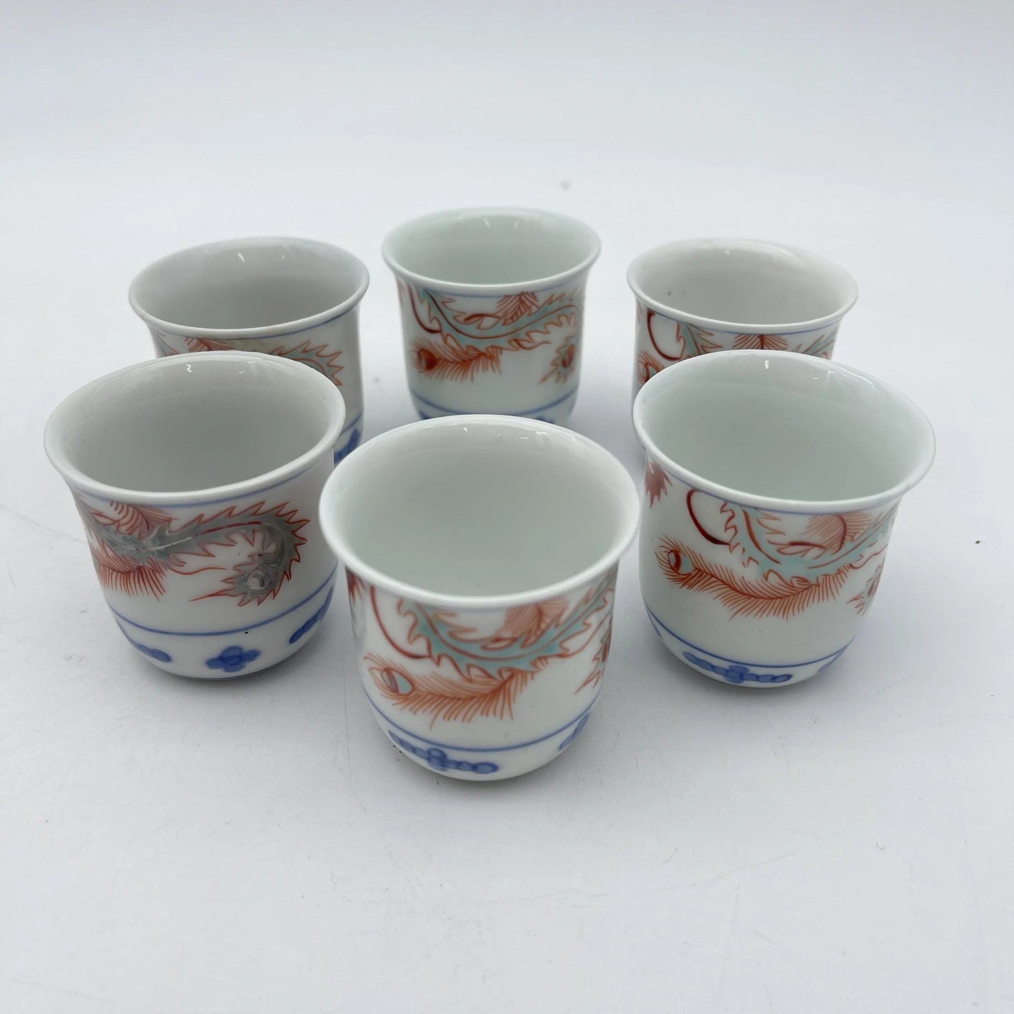 [Vintage] Sake bottle & choko 6P / Estimated late 20C / Porcelain / Japan / Phoenix