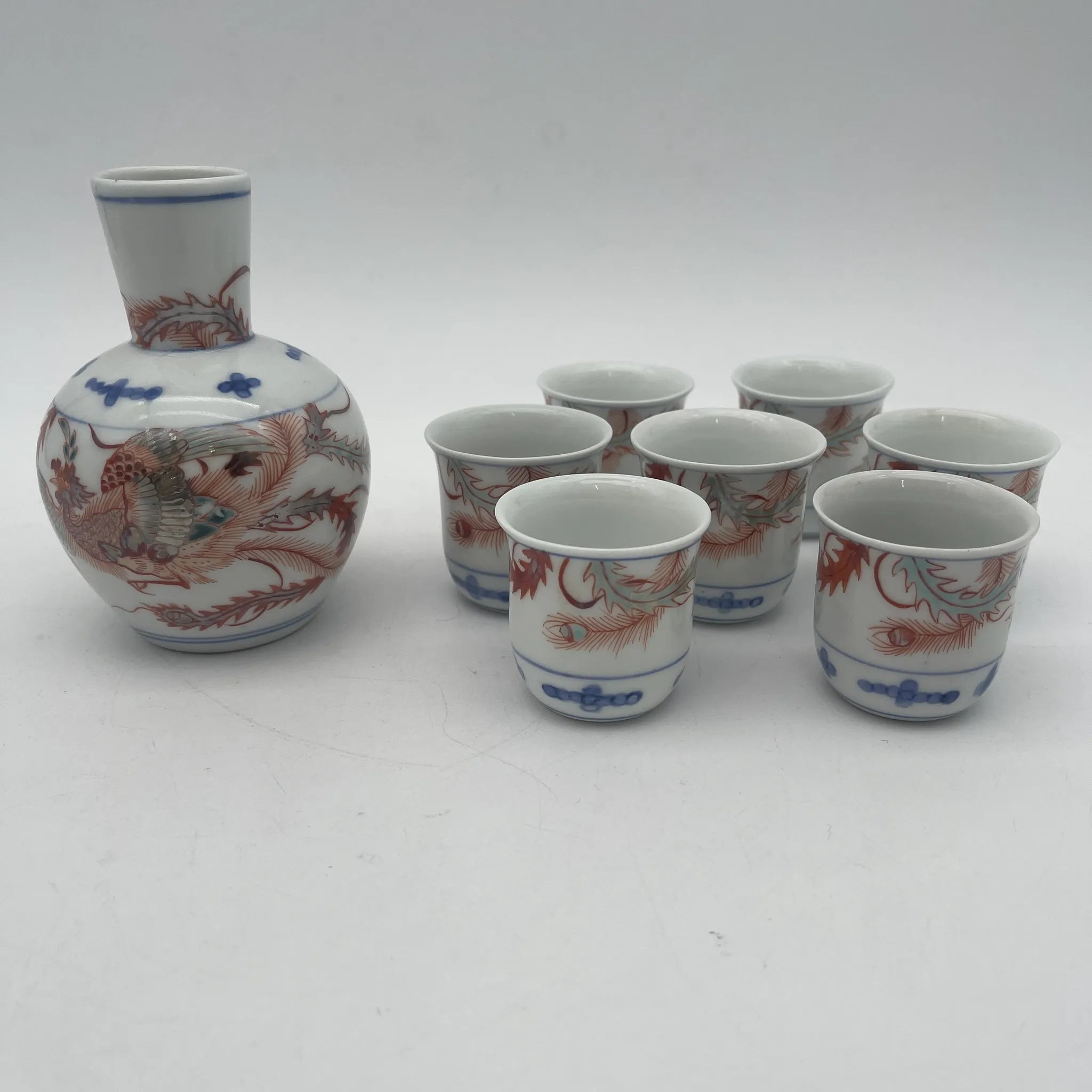 [Vintage] Sake bottle & choko 7P / Estimated late 20C / Porcelain / Japan / Phoenix