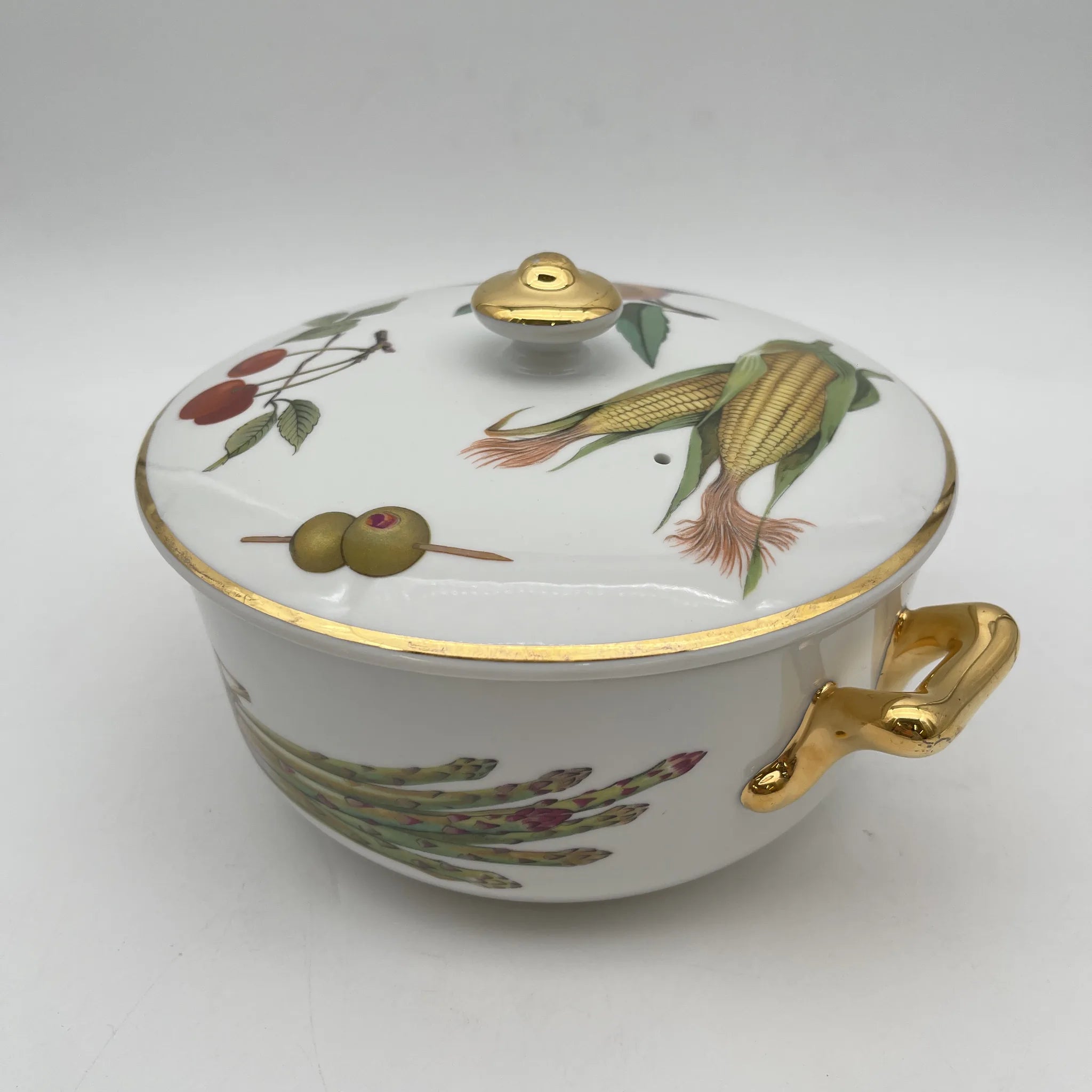 【リユース】 キャセロール (蓋付き深型グラタン皿) / Royal Worcester / Evesham / 推定1980-90s / Bone China / イギリス / ボタニカルアート, 金彩