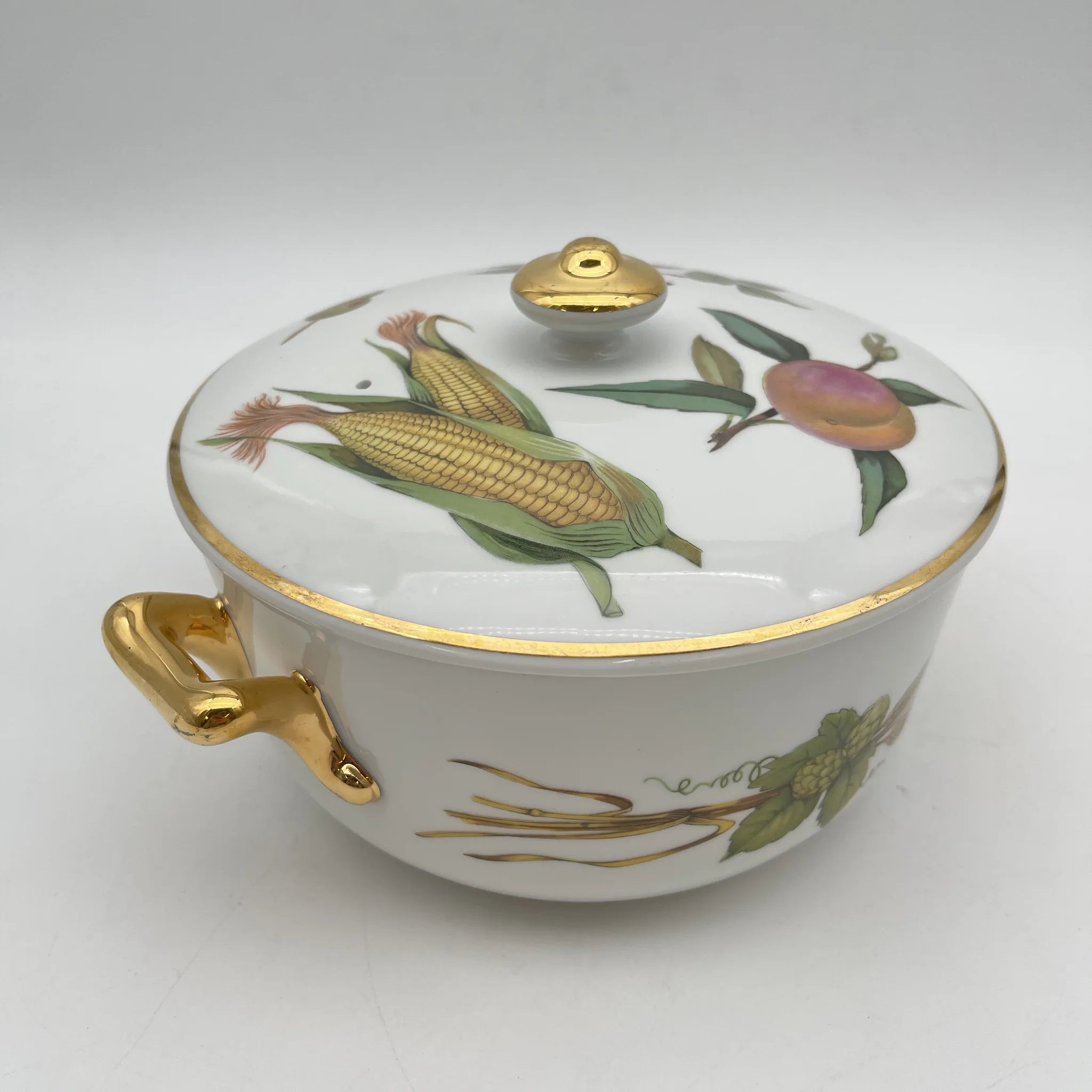 【リユース】 キャセロール (蓋付き深型グラタン皿) / Royal Worcester / Evesham / 推定1980-90s / Bone China / イギリス / ボタニカルアート, 金彩
