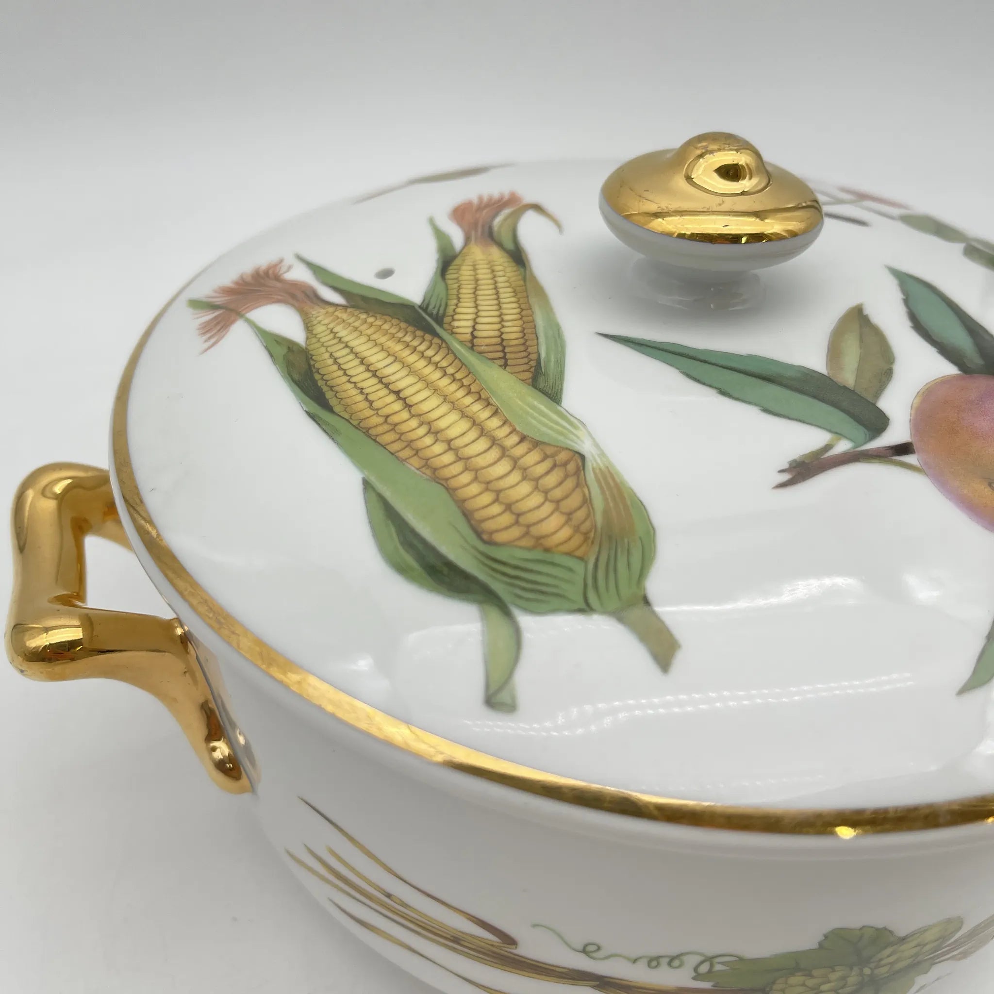 【リユース】 キャセロール (蓋付き深型グラタン皿) / Royal Worcester / Evesham / 推定1980-90s / Bone China / イギリス / ボタニカルアート, 金彩