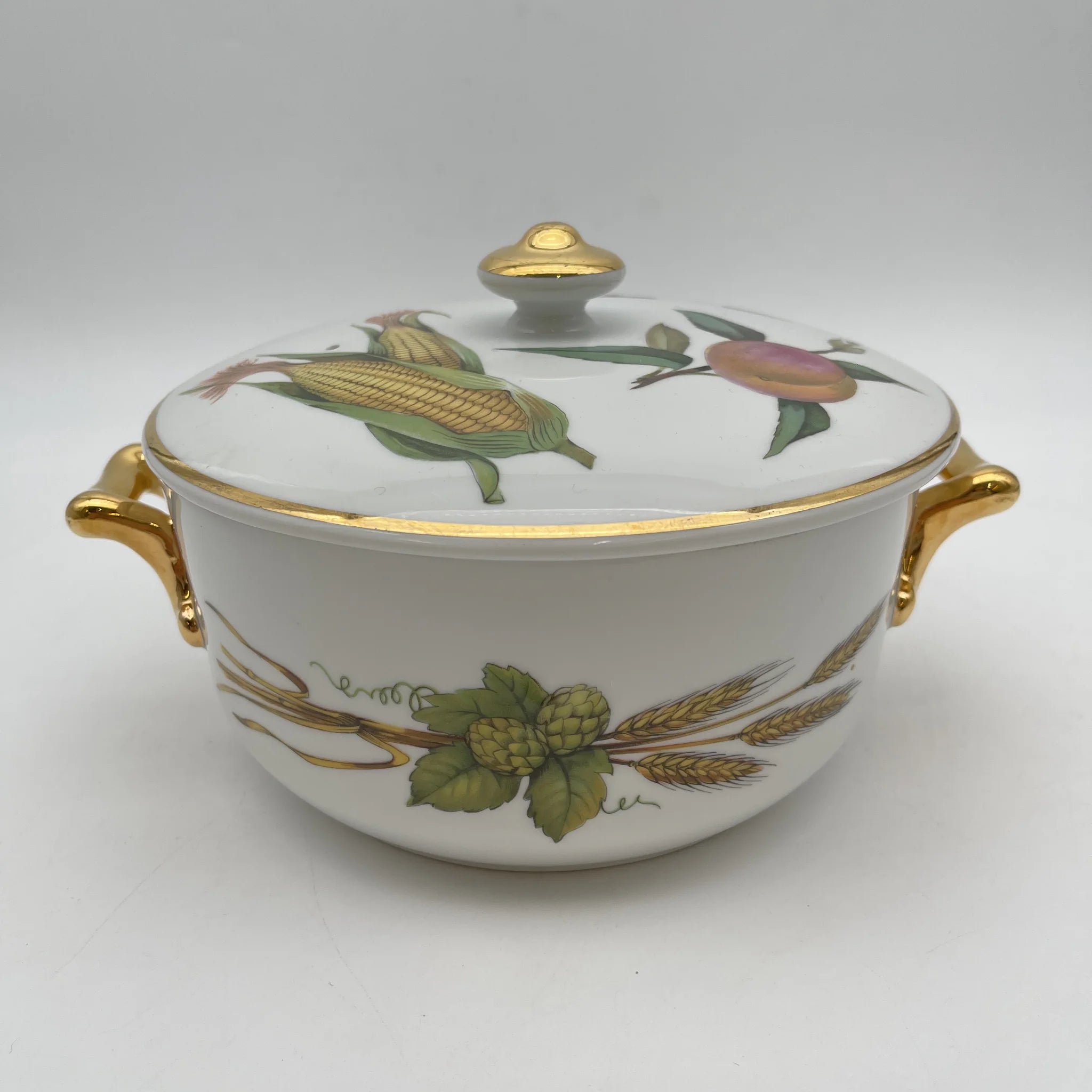 【リユース】 キャセロール (蓋付き深型グラタン皿) / Royal Worcester / Evesham / 推定1980-90s / Bone China / イギリス / ボタニカルアート, 金彩