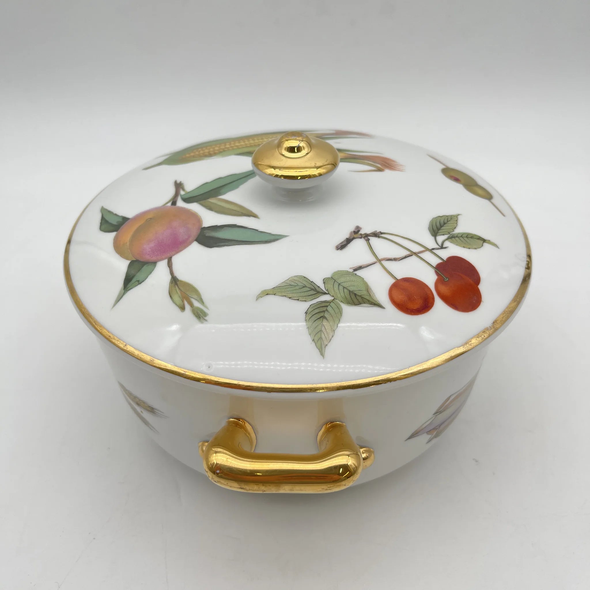 【リユース】 キャセロール (蓋付き深型グラタン皿) / Royal Worcester / Evesham / 推定1980-90s / Bone China / イギリス / ボタニカルアート, 金彩