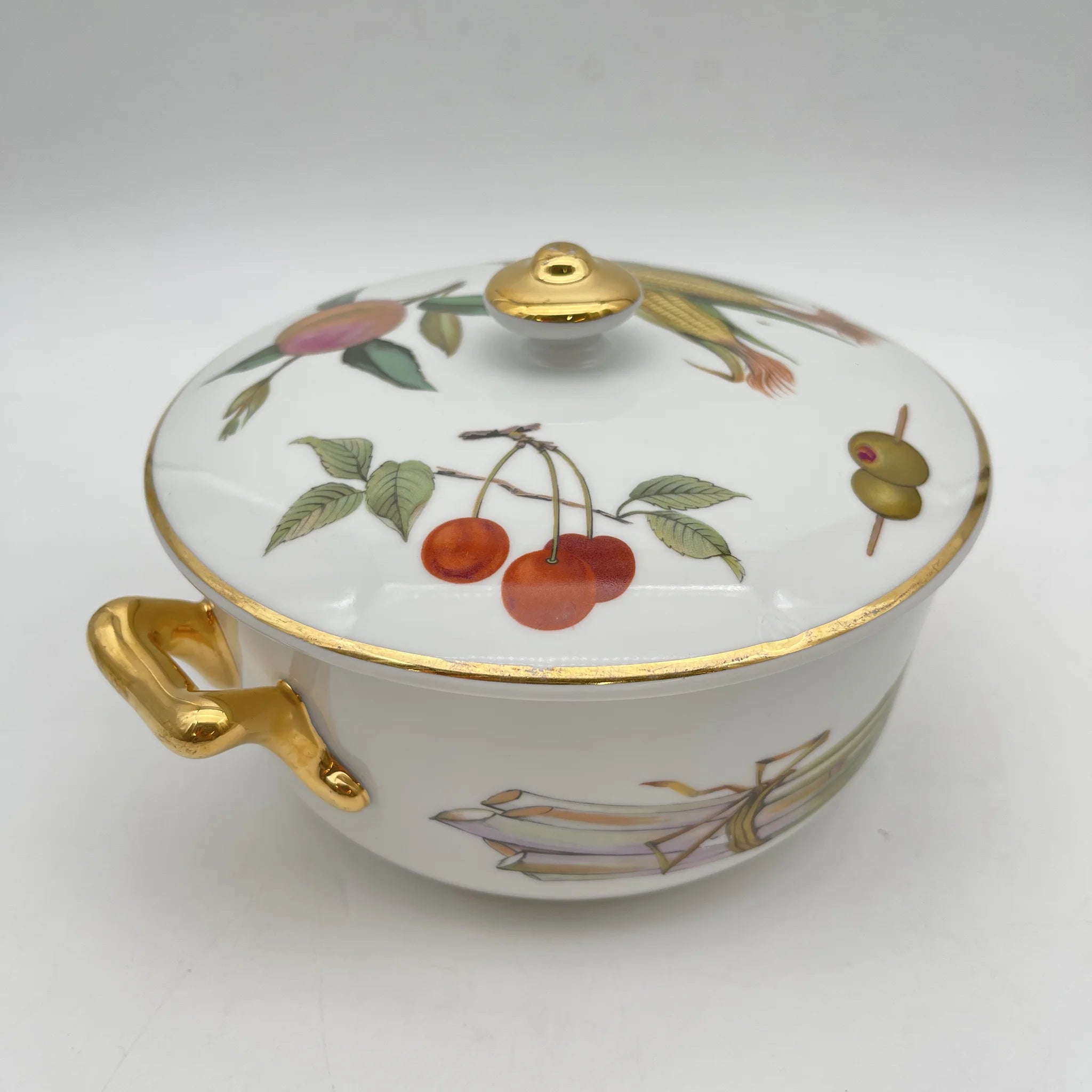 【リユース】 キャセロール (蓋付き深型グラタン皿) / Royal Worcester / Evesham / 推定1980-90s / Bone China / イギリス / ボタニカルアート, 金彩