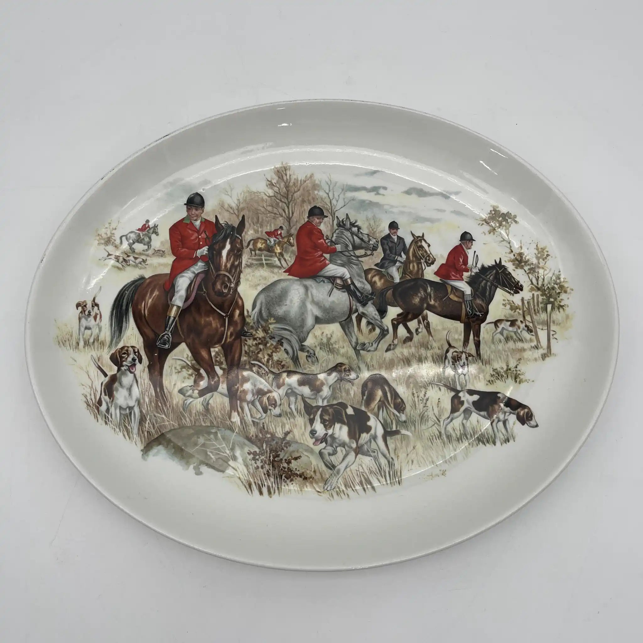 【复古】椭圆形盘子/ Barker Brothers / Royal Tudor Ware /估计20c中期/铁石/英国/绘画盘子，狩猎风景
