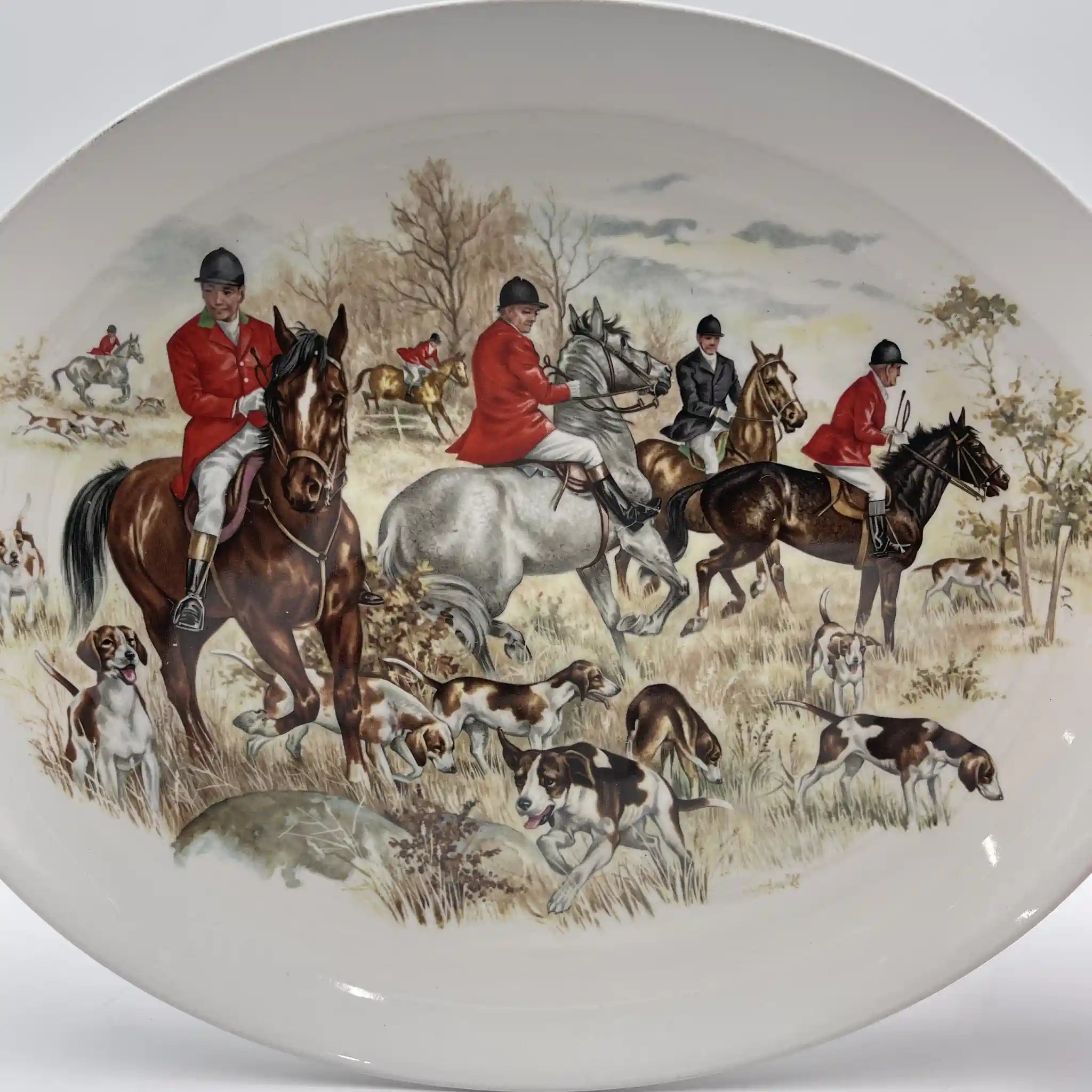 【复古】椭圆形盘子/ Barker Brothers / Royal Tudor Ware /估计20c中期/铁石/英国/绘画盘子，狩猎风景