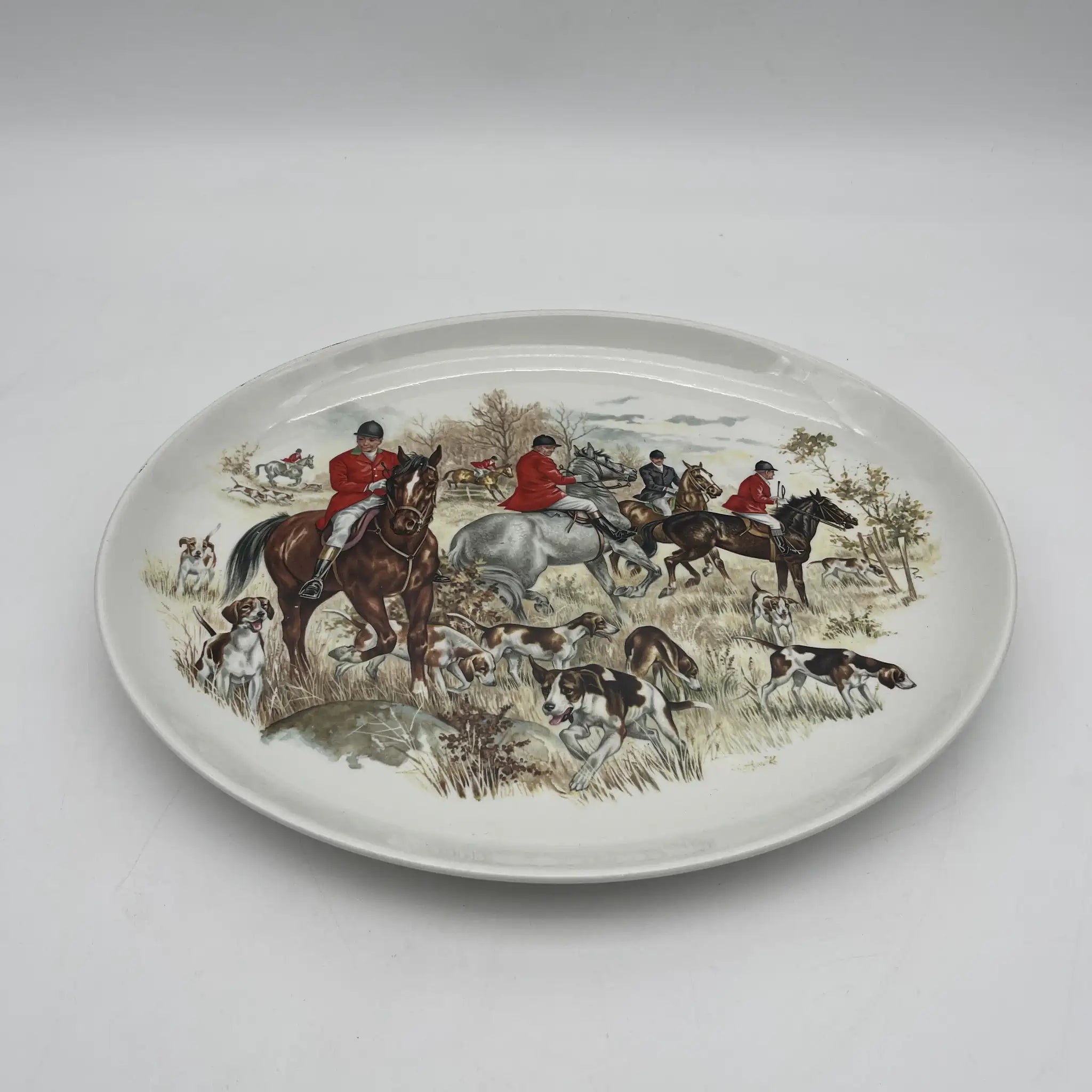 【复古】椭圆形盘子/ Barker Brothers / Royal Tudor Ware /估计20c中期/铁石/英国/绘画盘子，狩猎风景