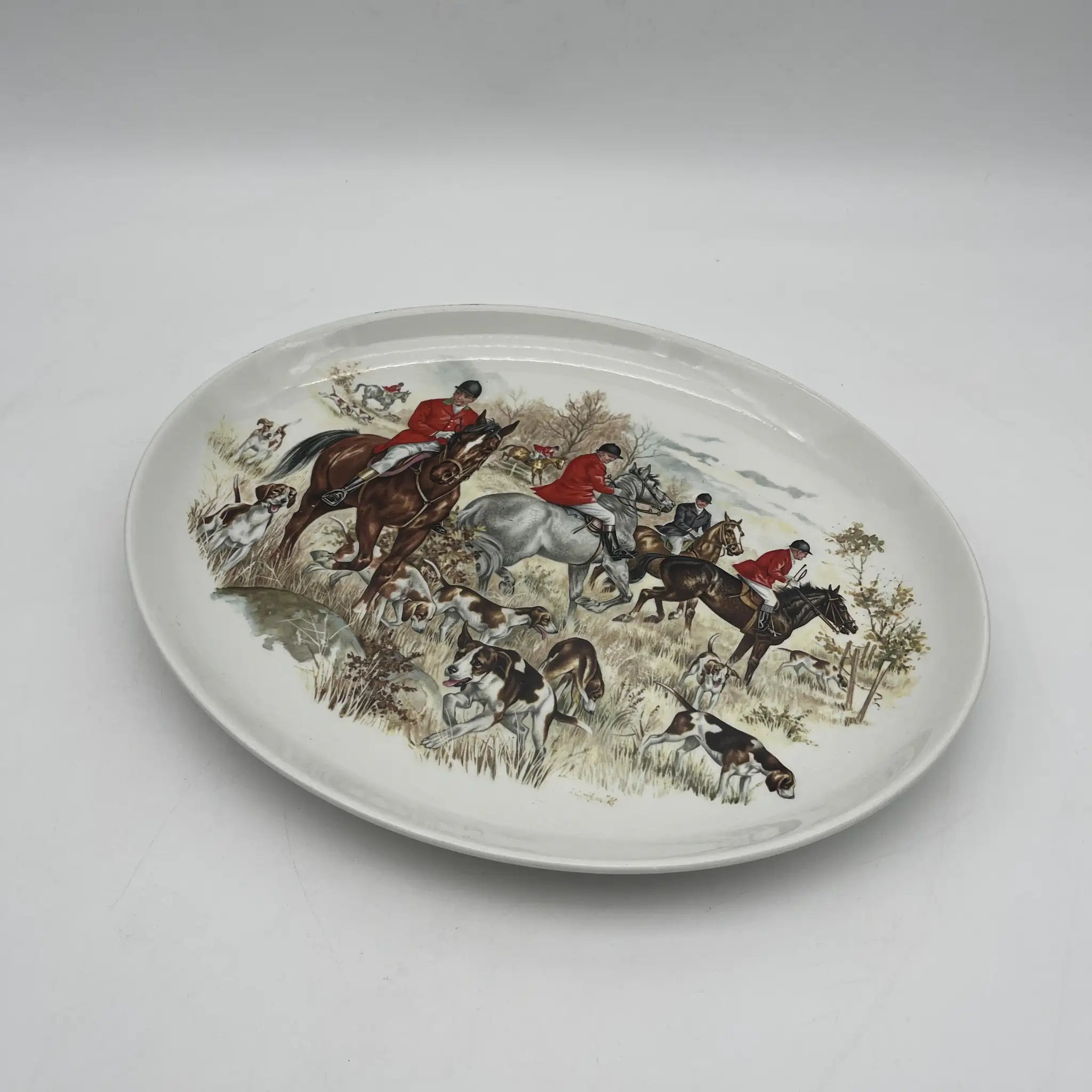 【复古】椭圆形盘子/ Barker Brothers / Royal Tudor Ware /估计20c中期/铁石/英国/绘画盘子，狩猎风景