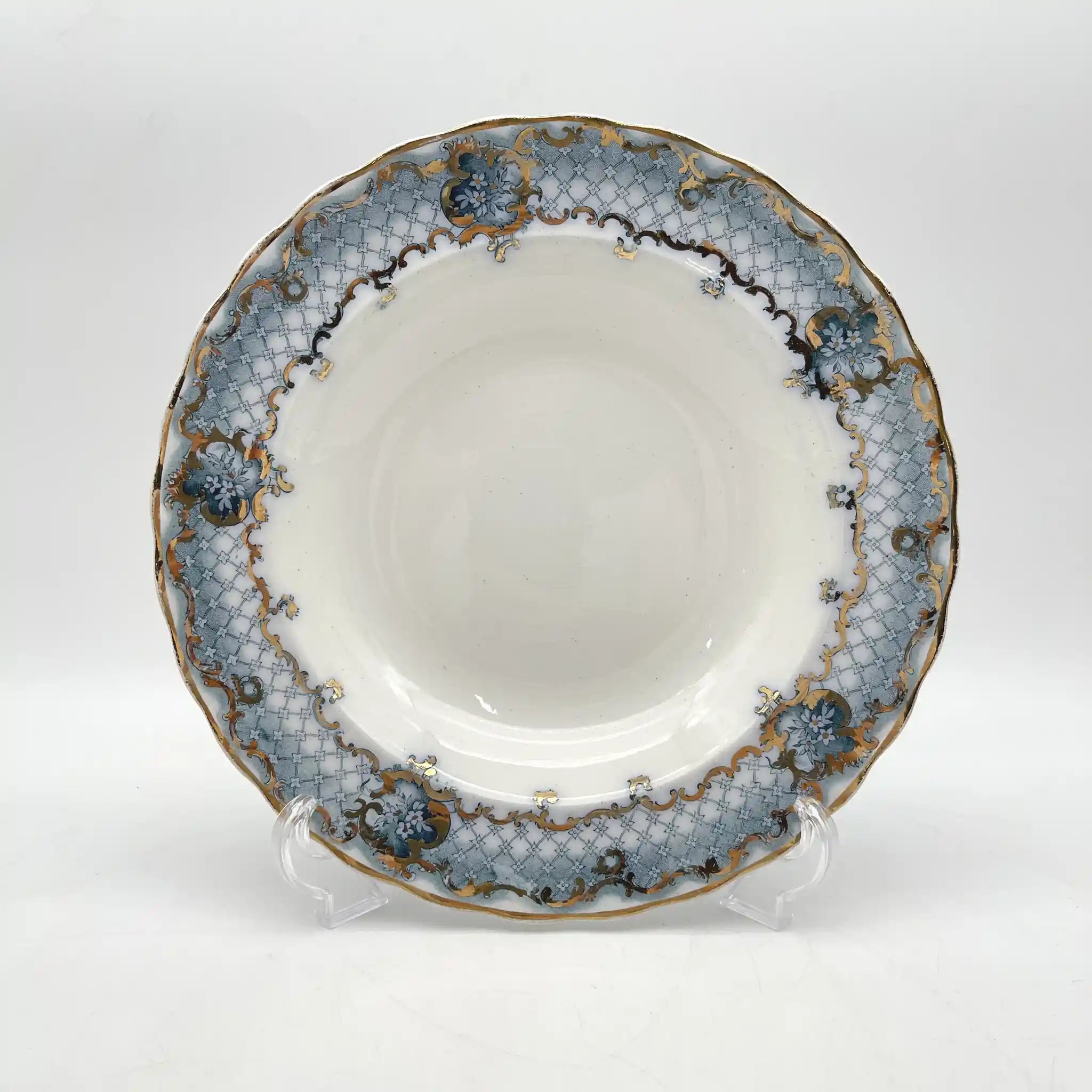 【古董】汤盘（深盘）/ Furnivals / Venice /估计1900左右/陶器/英国/罗卡伊，卷轴，lattice
