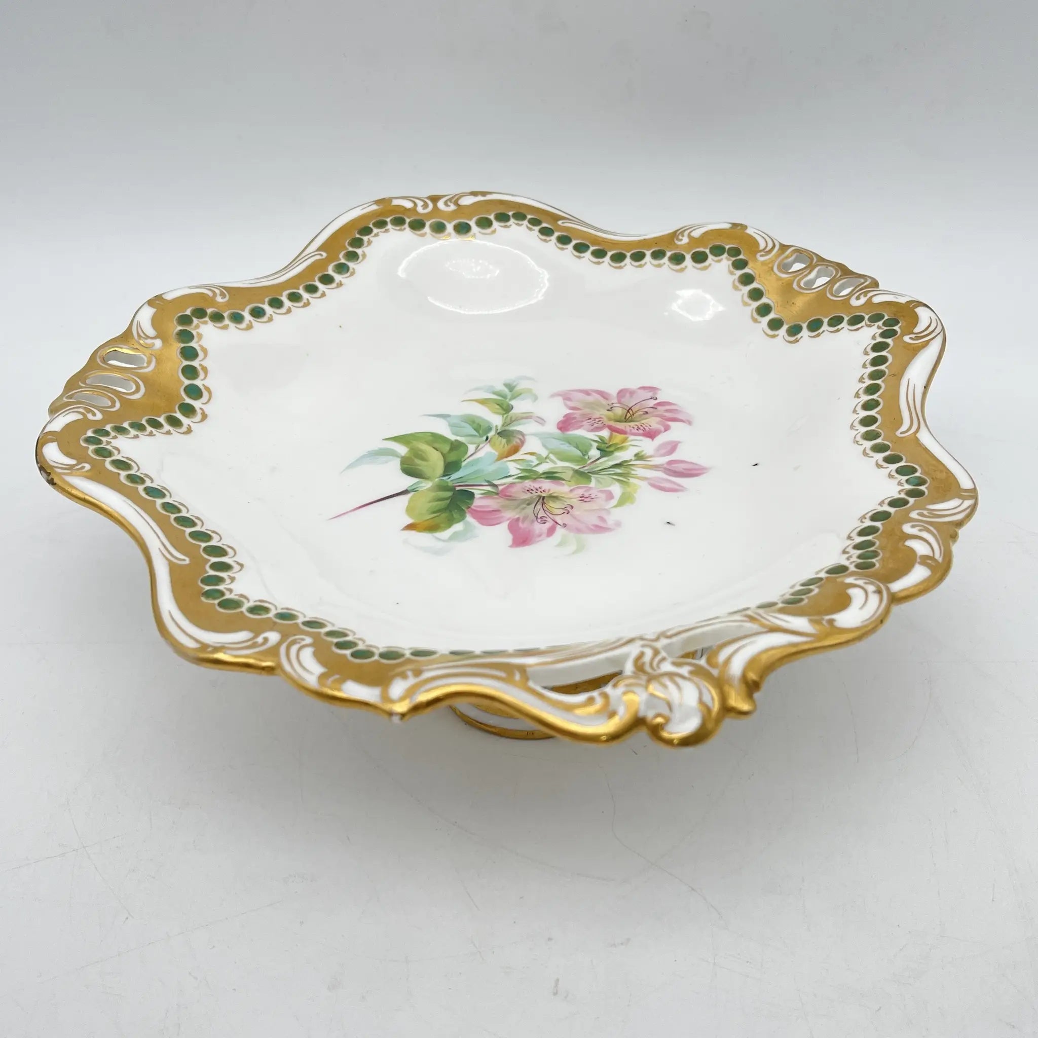 Davenport(ダベンポート) / コンポート皿 / 19C中後期 / 磁器 / イギリス / ボタニカルアート, スカラップエッジ, 金彩 / [アンティーク]