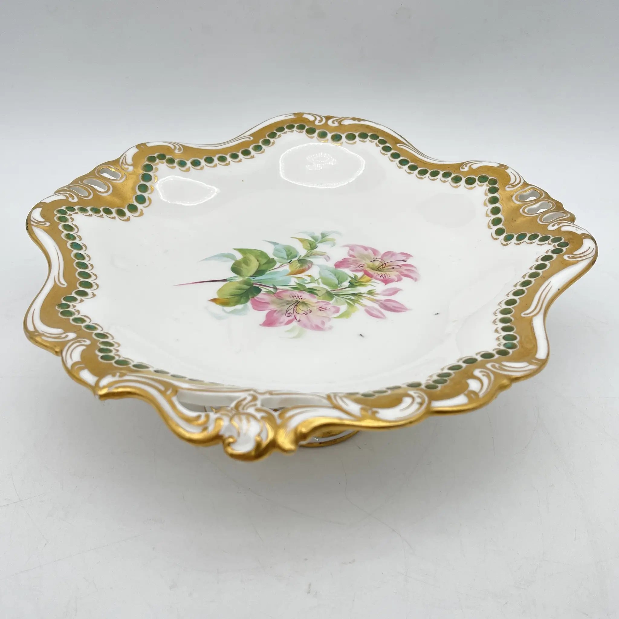 Davenport(ダベンポート) / コンポート皿 / 19C中後期 / 磁器 / イギリス / ボタニカルアート, スカラップエッジ, 金彩 / [アンティーク]