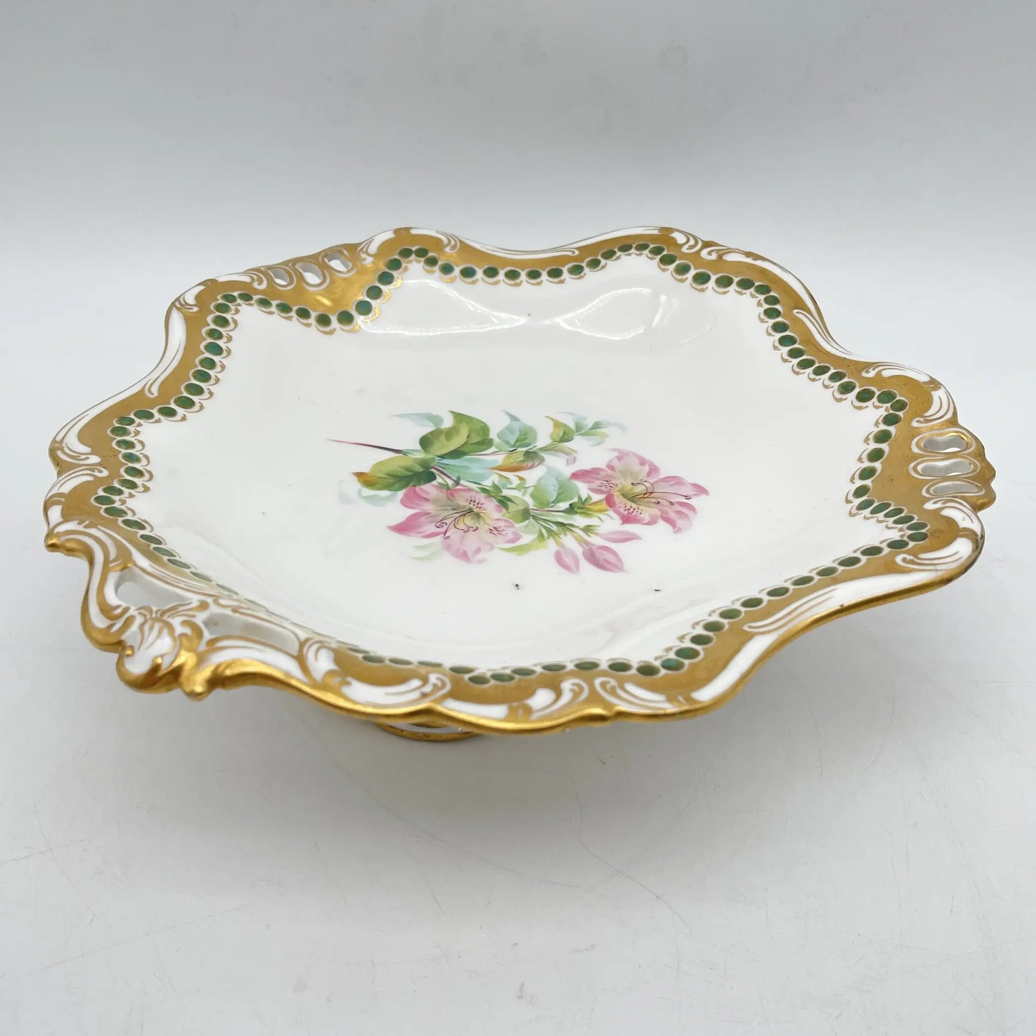 Davenport(ダベンポート) / コンポート皿 / 19C中後期 / 磁器 / イギリス / ボタニカルアート, スカラップエッジ, 金彩 / [アンティーク]