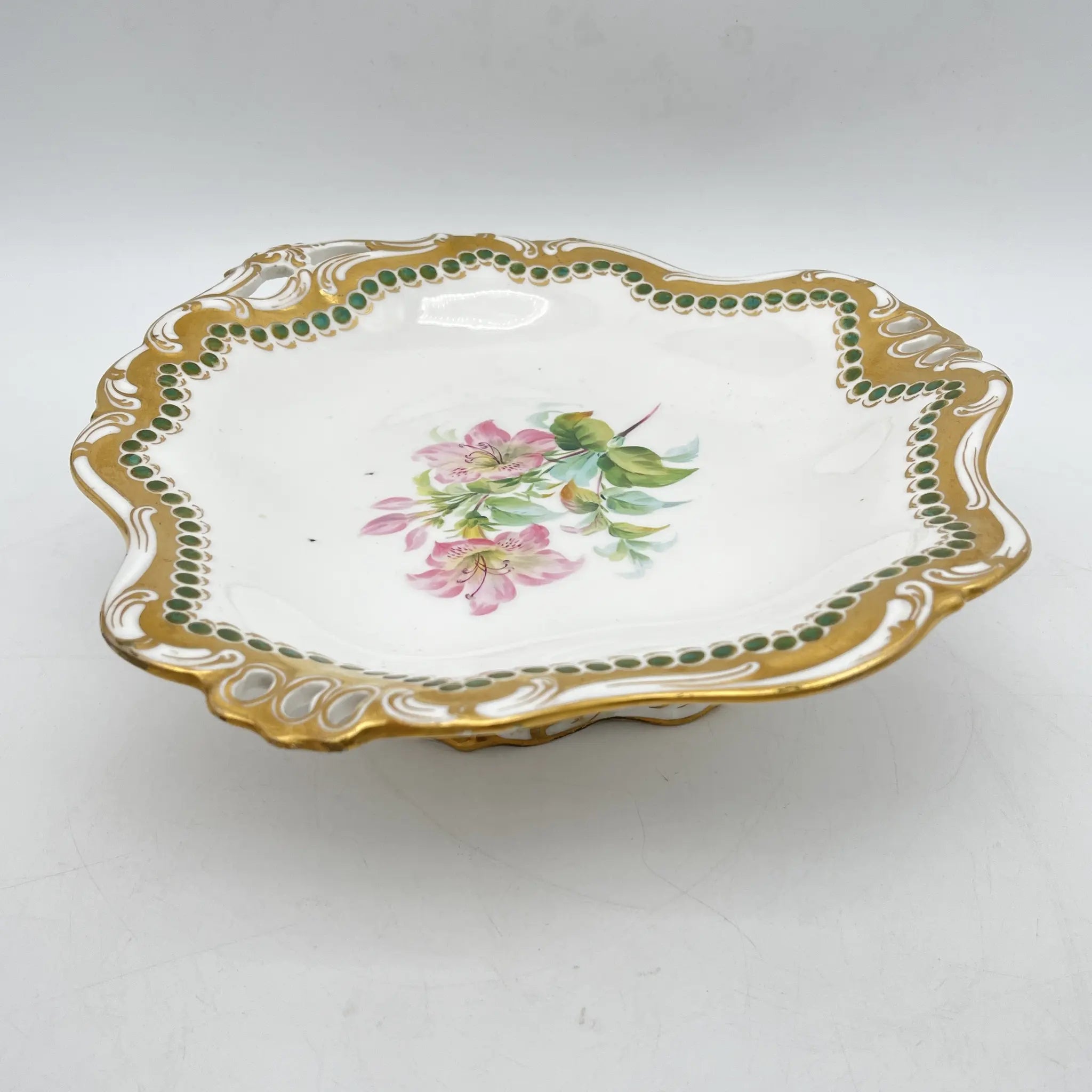 Davenport(ダベンポート) / コンポート皿 / 19C中後期 / 磁器 / イギリス / ボタニカルアート, スカラップエッジ, 金彩 / [アンティーク]