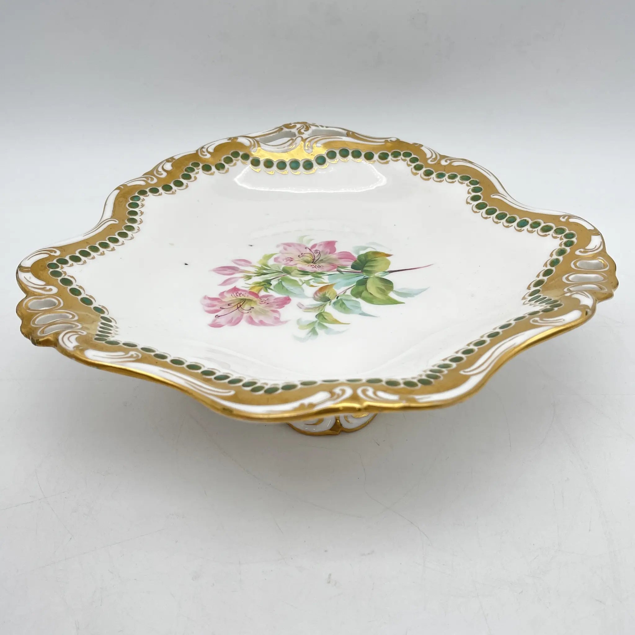 Davenport(ダベンポート) / コンポート皿 / 19C中後期 / 磁器 / イギリス / ボタニカルアート, スカラップエッジ, 金彩 / [アンティーク]