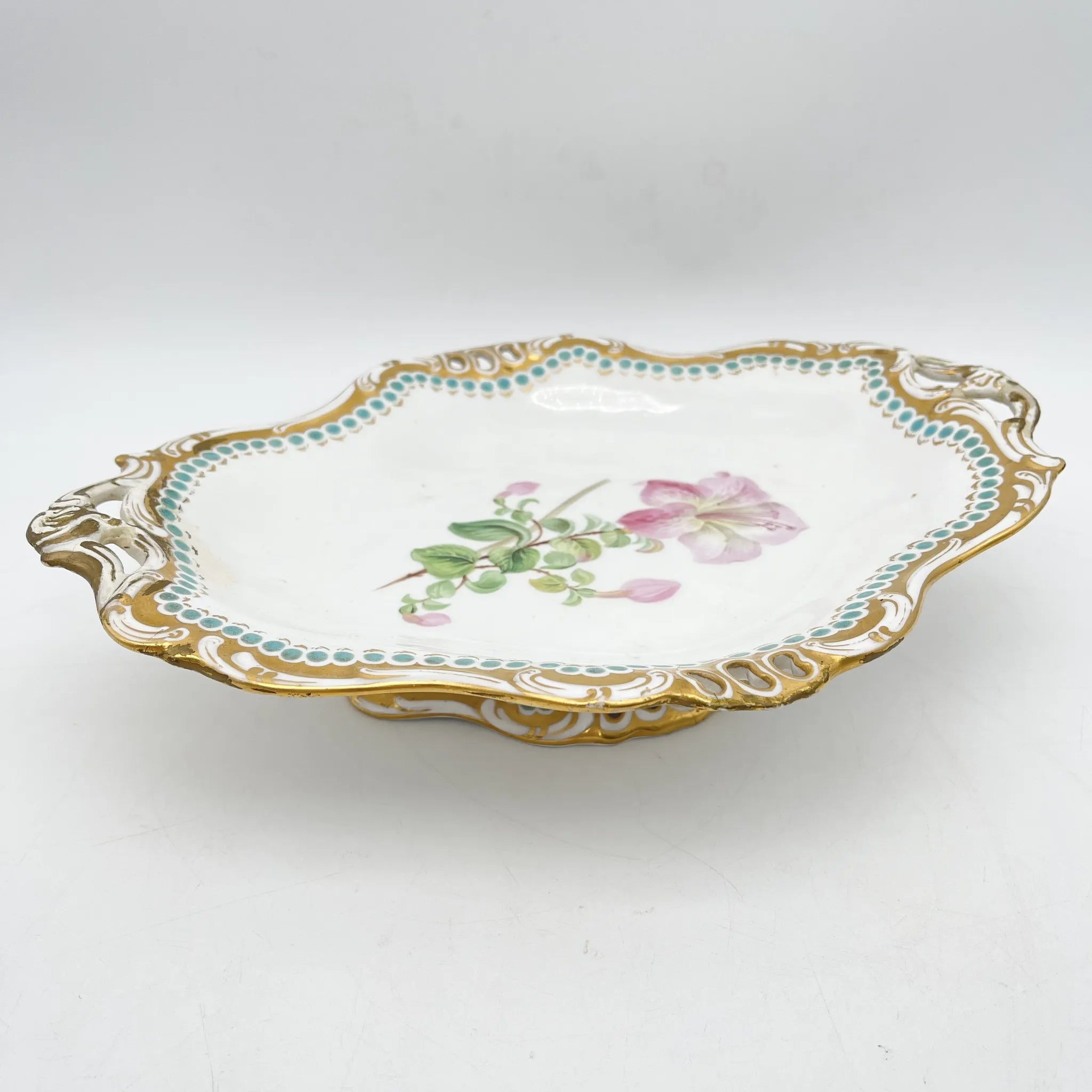 Davenport(ダベンポート) / コンポート皿 / 19C中後期 / 磁器 / イギリス / ボタニカルアート, スカラップエッジ, 金彩 / [アンティーク]