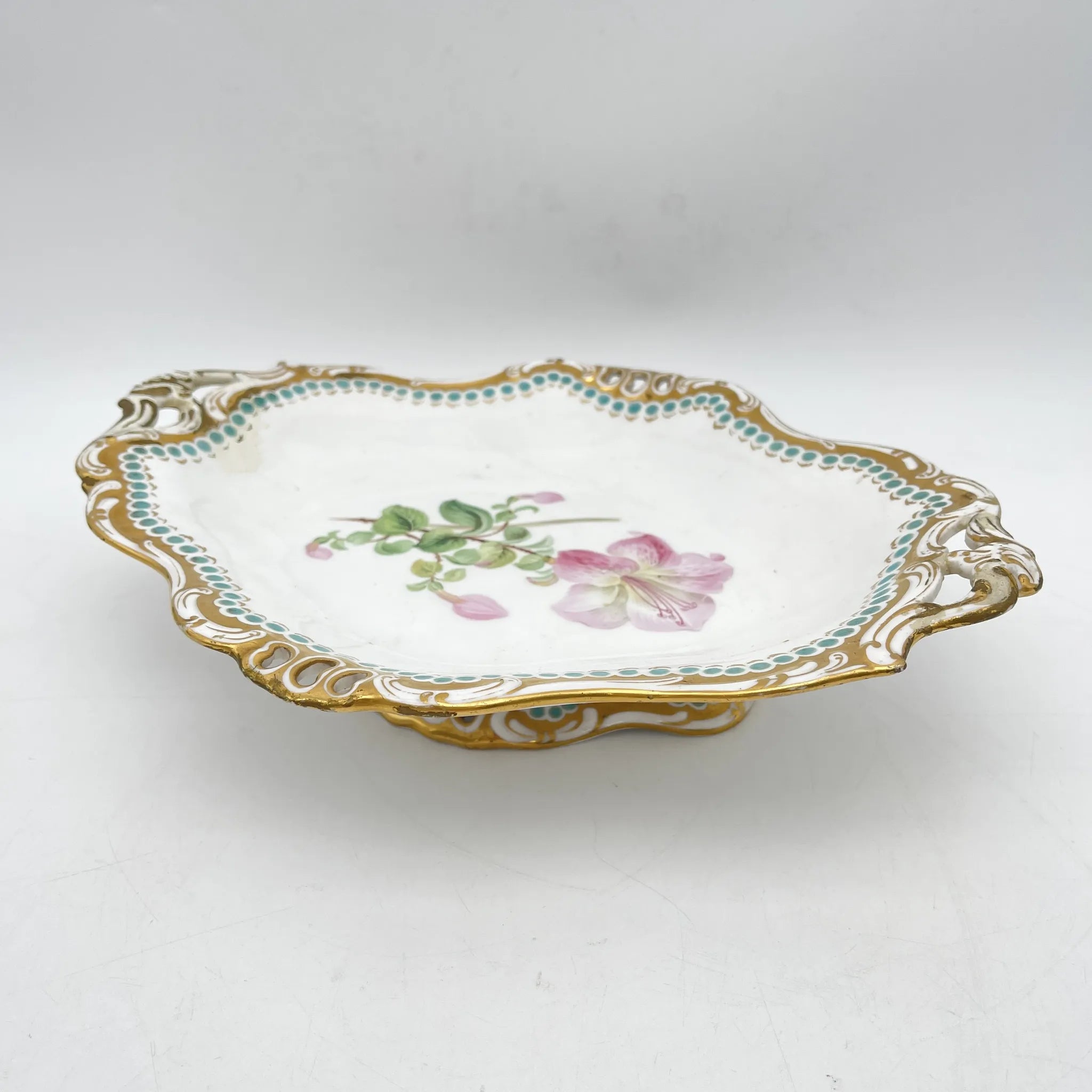 Davenport(ダベンポート) / コンポート皿 / 19C中後期 / 磁器 / イギリス / ボタニカルアート, スカラップエッジ, 金彩 / [アンティーク]