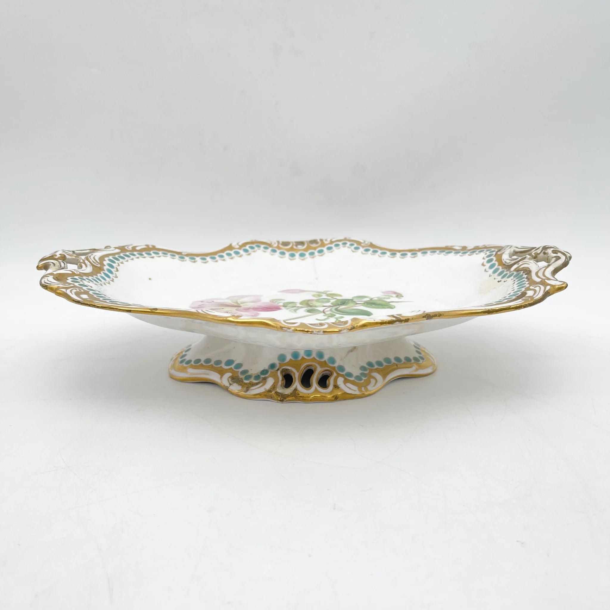 Davenport(ダベンポート) / コンポート皿 / 19C中後期 / 磁器 / イギリス / ボタニカルアート, スカラップエッジ, 金彩 / [アンティーク]