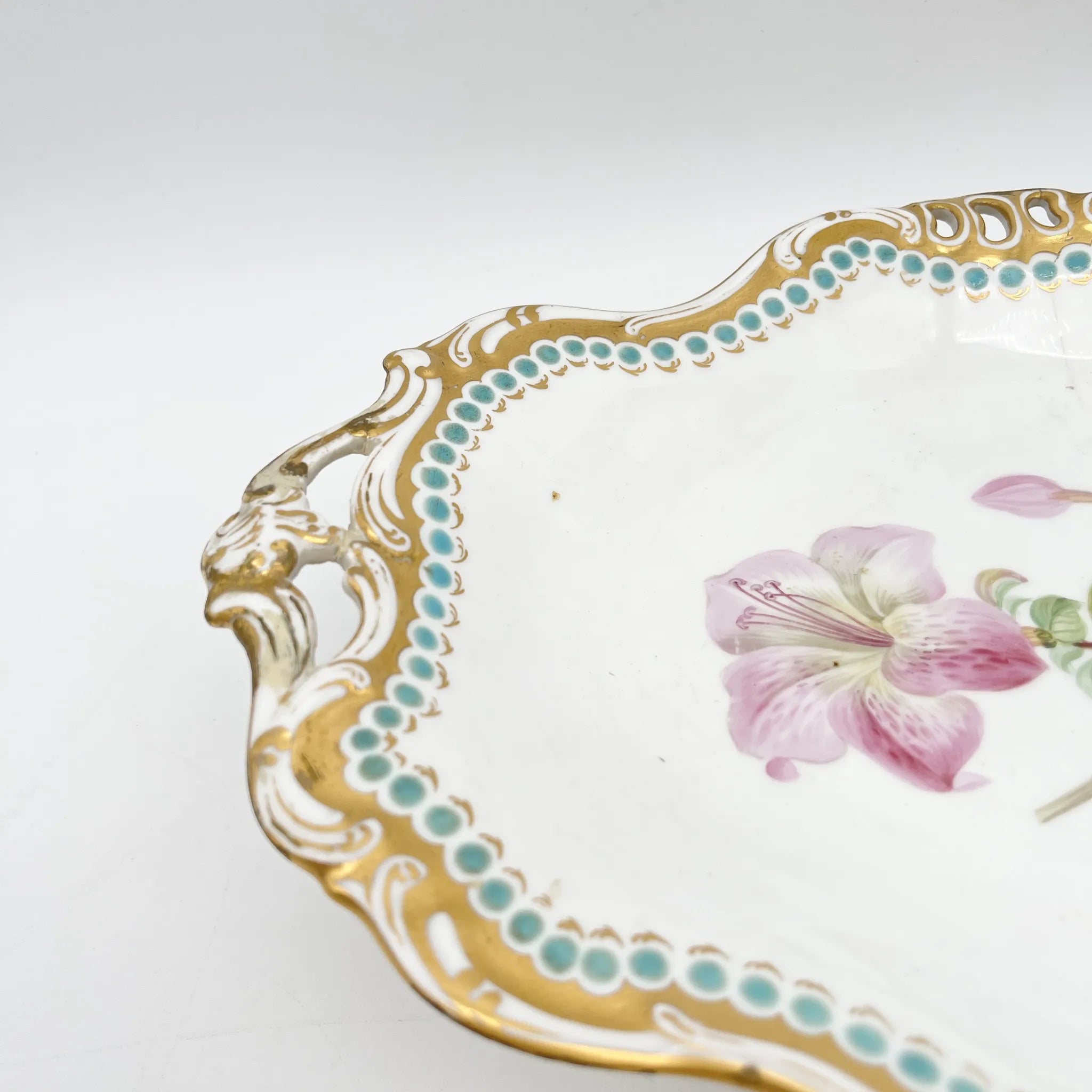 Davenport(ダベンポート) / コンポート皿 / 19C中後期 / 磁器 / イギリス / ボタニカルアート, スカラップエッジ, 金彩 / [アンティーク]