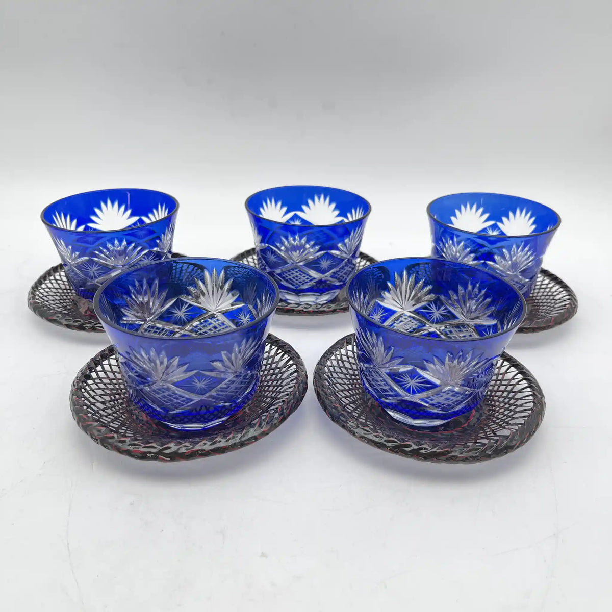 切子グラス&ソーサー6客組 昭和初期 ヴィンテージ グラス&茶托 5Pセット / 1980-90s / ガラス / 日本 / 切子ガラス,矢来