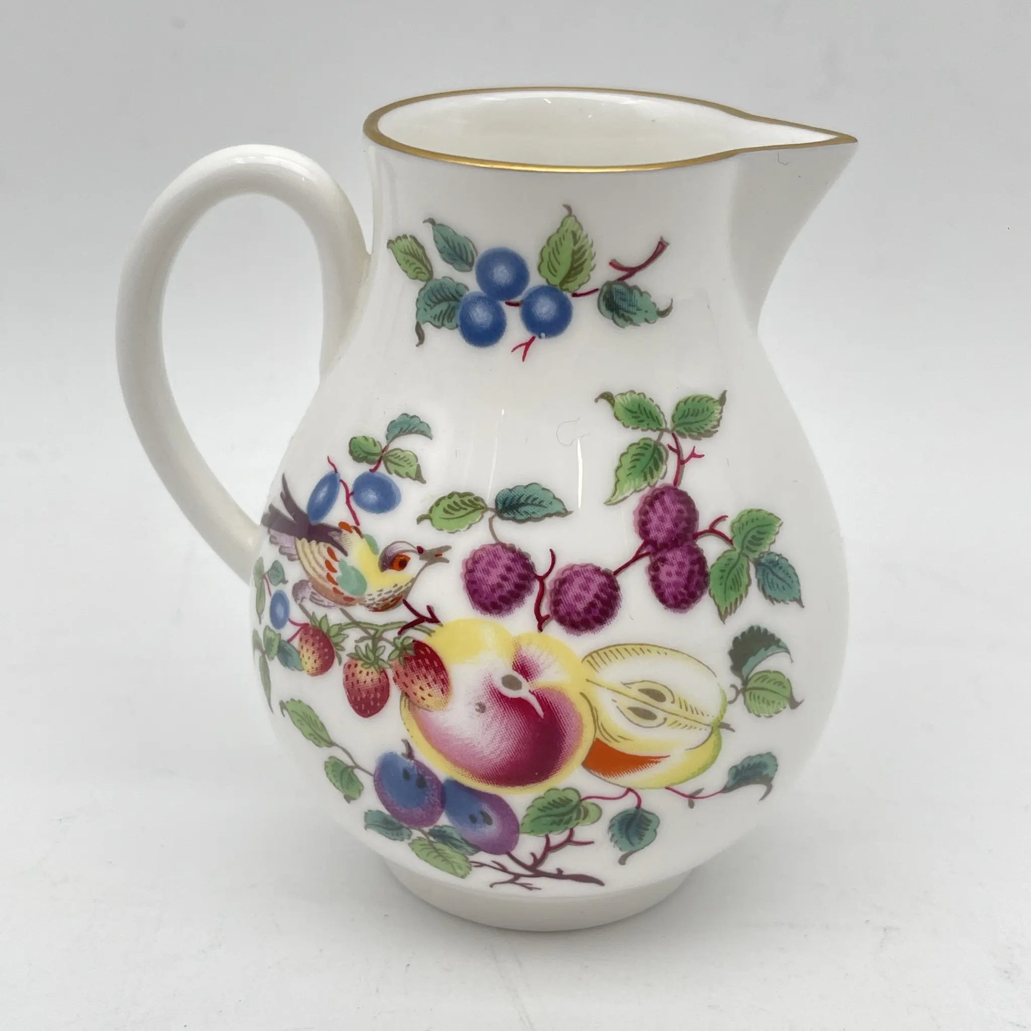 Royal Worcester /牛奶瓶/ Historic Collection / Sparrow Beak Jug（水果&鸟）/ 1970年~ 1980年代左右/ Fine Bone China /英国/奶油，金彩装饰，黄金轮辋，鸟画，水果画，精致中国，收藏品，室内/ [复古]