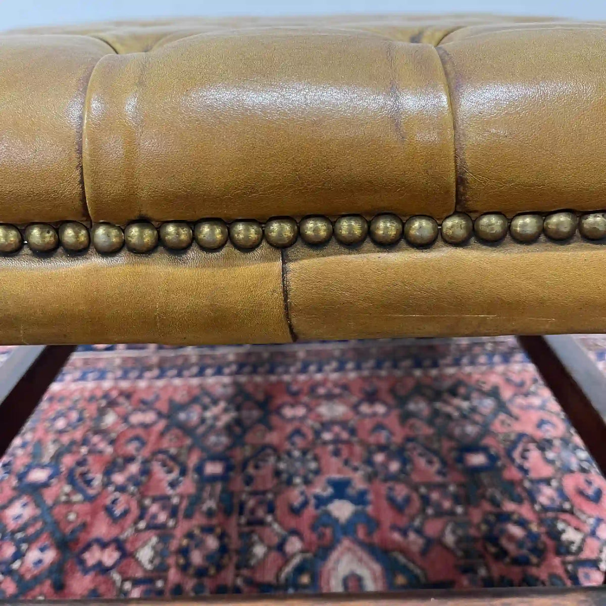 Ottoman (Chesterfield) / Late 20c / Genuine cow leather / British / Square leg, leather bench, British vintage, store fixtures, industrial furniture, tufting, wood frame / [Vintage]