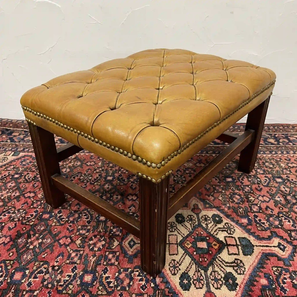 Ottoman (Chesterfield) / Late 20c / Genuine cow leather / British / Square leg, leather bench, British vintage, store fixtures, industrial furniture, tufting, wood frame / [Vintage]