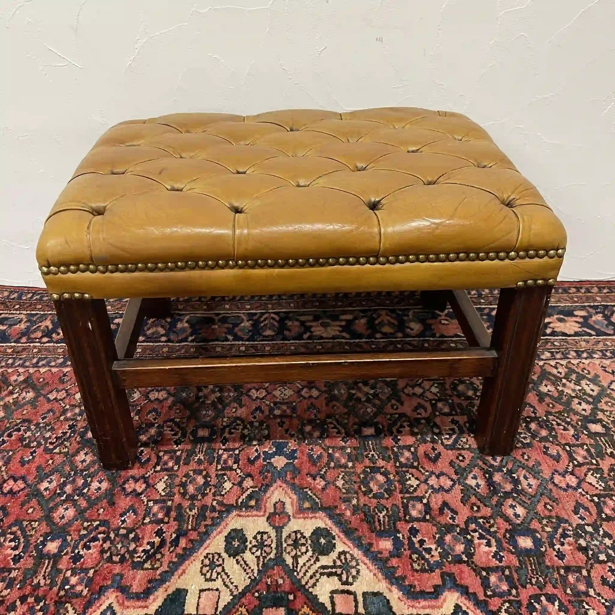 Ottoman (Chesterfield) / Late 20c / Genuine cow leather / British / Square leg, leather bench, British vintage, store fixtures, industrial furniture, tufting, wood frame / [Vintage]