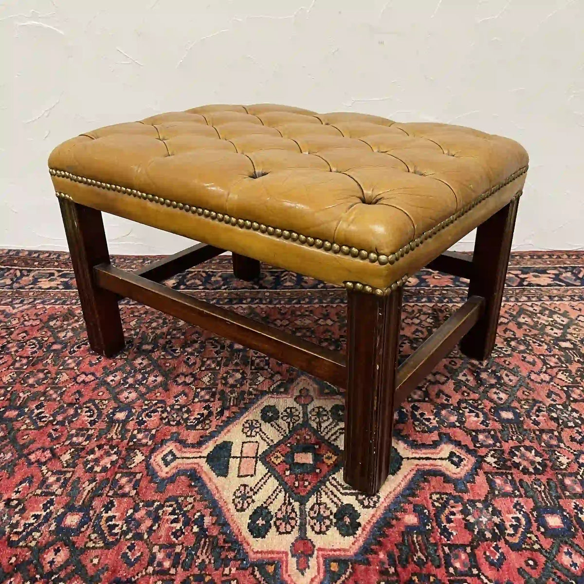 Ottoman (Chesterfield) / Late 20c / Genuine cow leather / British / Square leg, leather bench, British vintage, store fixtures, industrial furniture, tufting, wood frame / [Vintage]