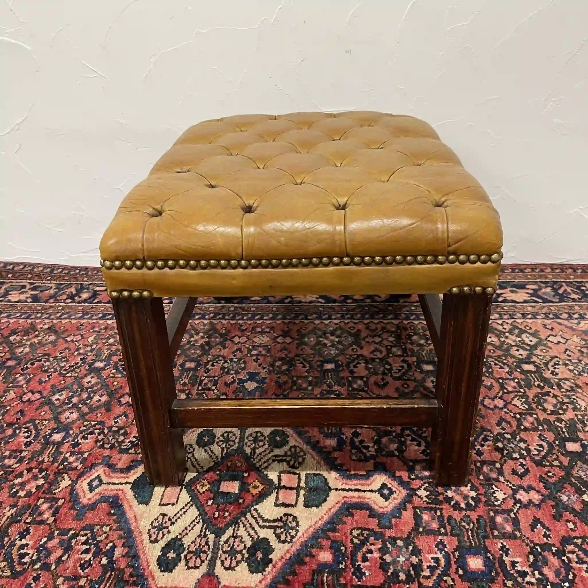 Ottoman (Chesterfield) / Late 20c / Genuine cow leather / British / Square leg, leather bench, British vintage, store fixtures, industrial furniture, tufting, wood frame / [Vintage]