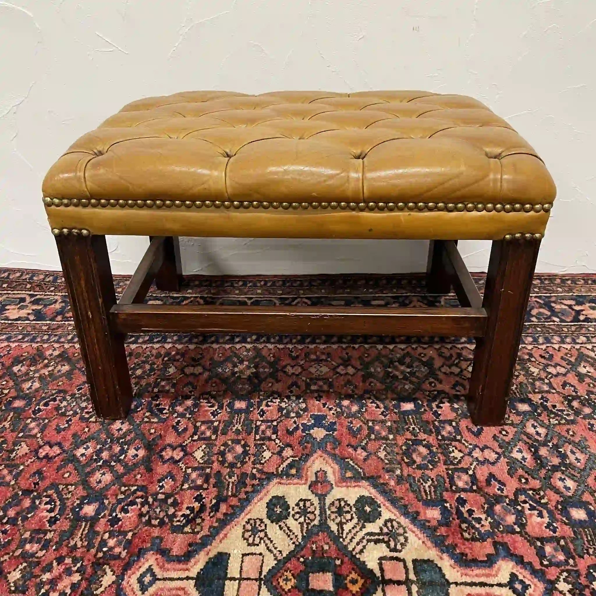 Ottoman (Chesterfield) / Late 20c / Genuine cow leather / British / Square leg, leather bench, British vintage, store fixtures, industrial furniture, tufting, wood frame / [Vintage]