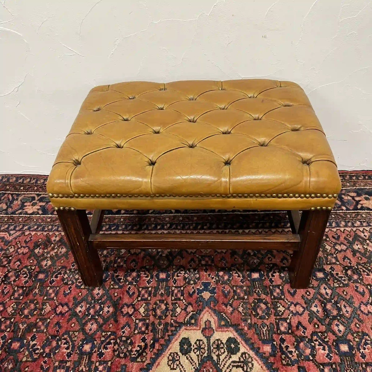 Ottoman (Chesterfield) / Late 20c / Genuine cow leather / British / Square leg, leather bench, British vintage, store fixtures, industrial furniture, tufting, wood frame / [Vintage]