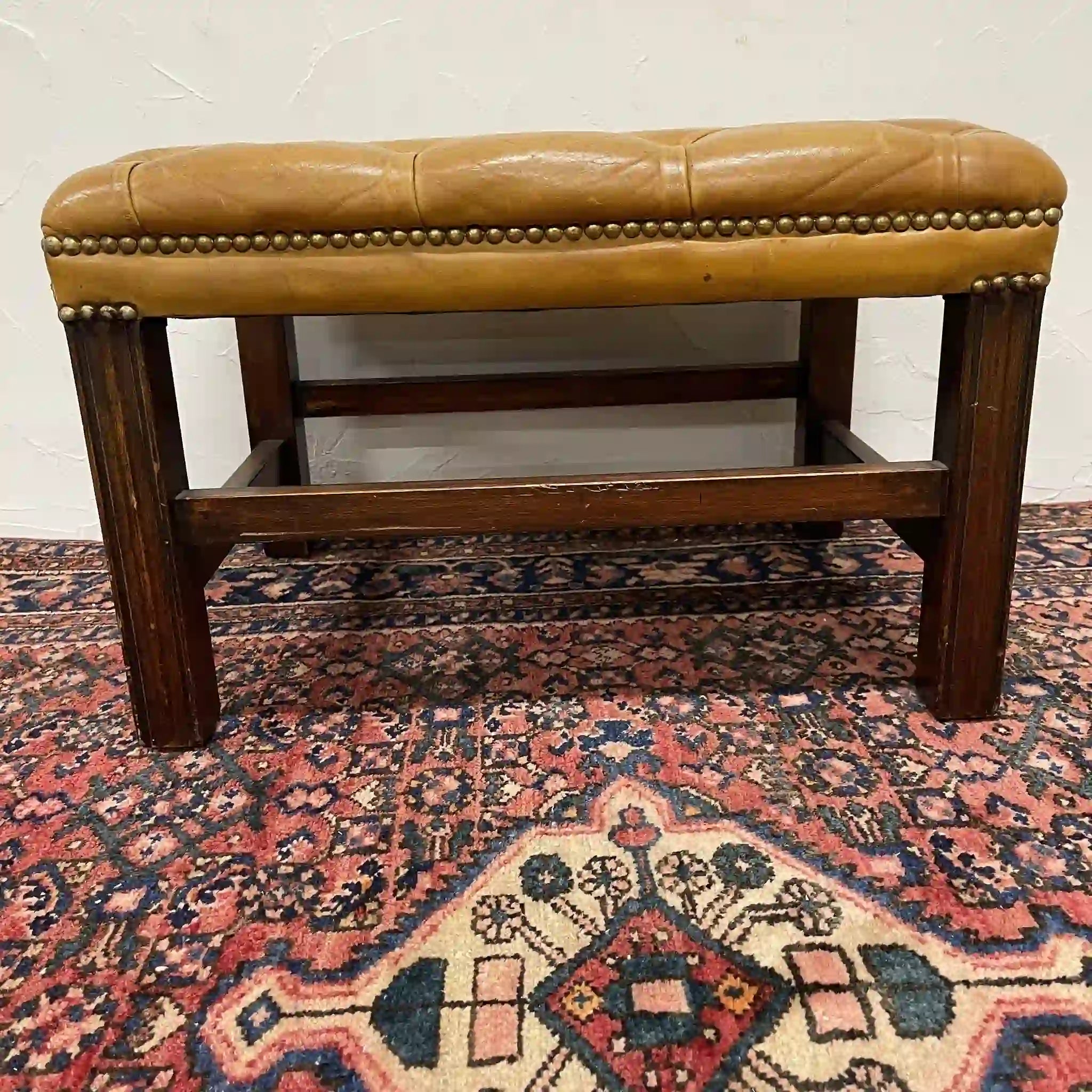 Ottoman (Chesterfield) / Late 20c / Genuine cow leather / British / Square leg, leather bench, British vintage, store fixtures, industrial furniture, tufting, wood frame / [Vintage]