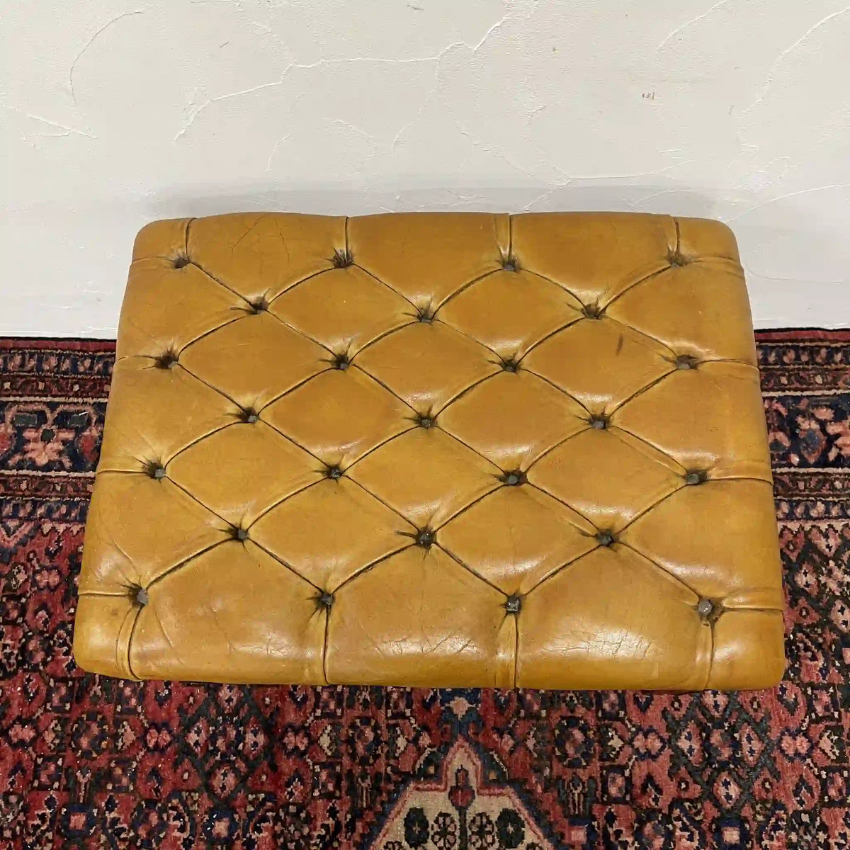Ottoman (Chesterfield) / Late 20c / Genuine cow leather / British / Square leg, leather bench, British vintage, store fixtures, industrial furniture, tufting, wood frame / [Vintage]